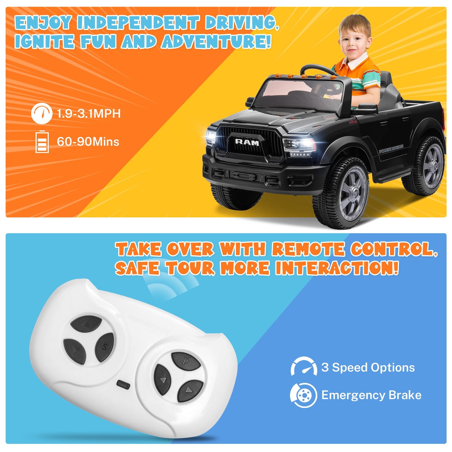 Enyopro 12V 7Ah Licensed Dodge Ram 2500 Ride On Car Truck, Electric Car Ride On Toys W/Parent Remote Control, Led Llights, Mp3 M