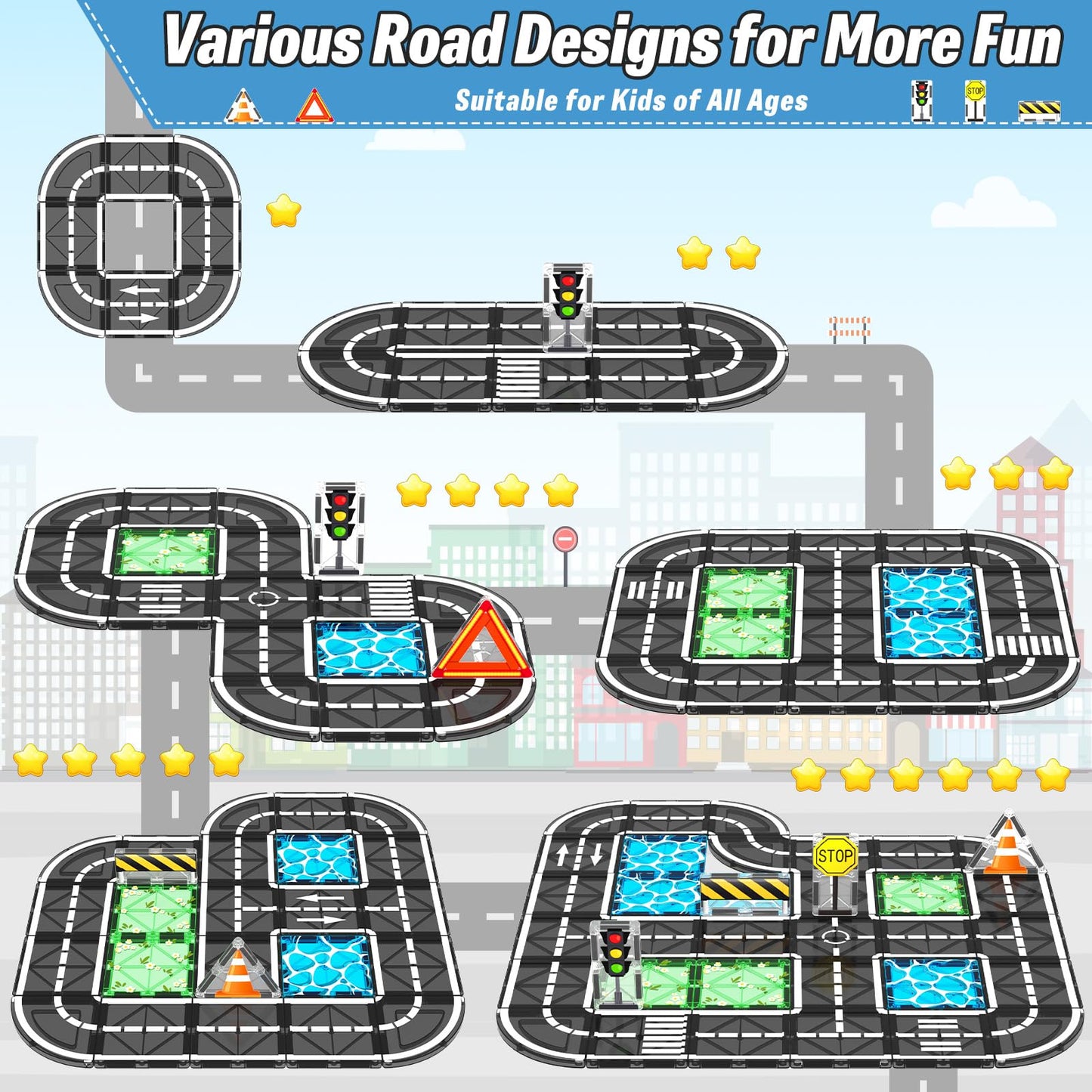 Magnetic Tiles Roads Construction Toys, Traffic Themed Building Blocks Set, Toddler Kids Toys For 3+ Year Old Boys Girls, Montessori Stem Sensory Toys, Preschool Learning Educational Toys Gifts