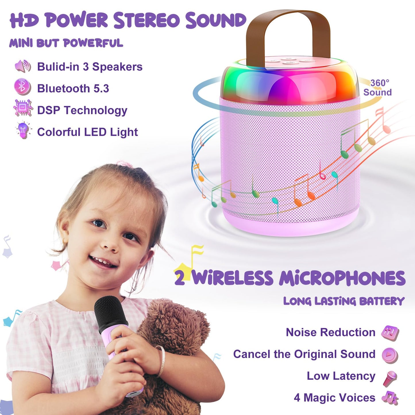 Iyoyo Mini Karaoke Machine For Kids Portable Bluetooth 5.3 Speaker Led Lights With 1 Wireless Microphone Karaoke Gifts For Girls Boys Audlt Birthday Christmas Solid Metal Body (Purple-1 Mic)