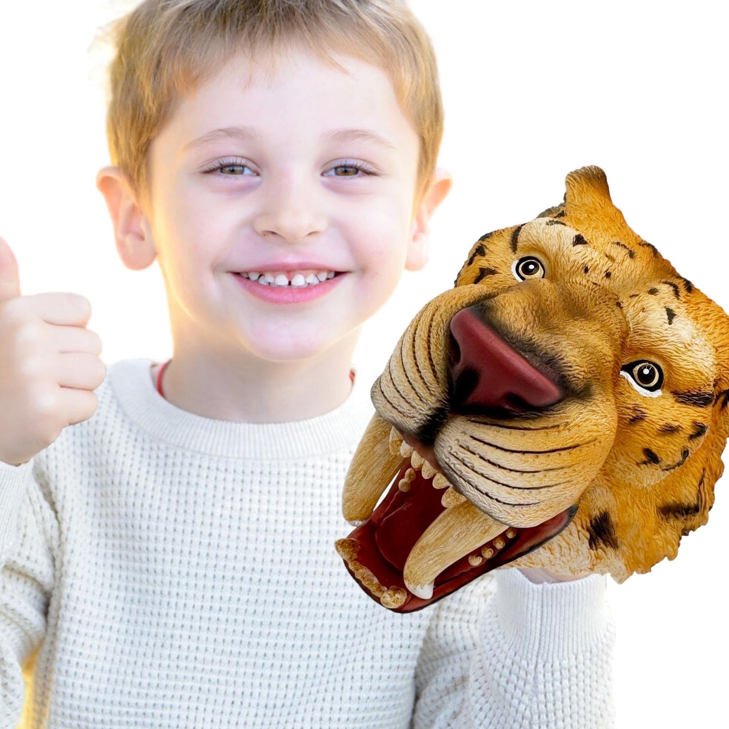Gemini&Genius Saber-Toothed Tiger Hand Puppet - 5.5" Soft PVC Toy - Realistic Yellow Wild Animal for Kids Role Play & Storytelling