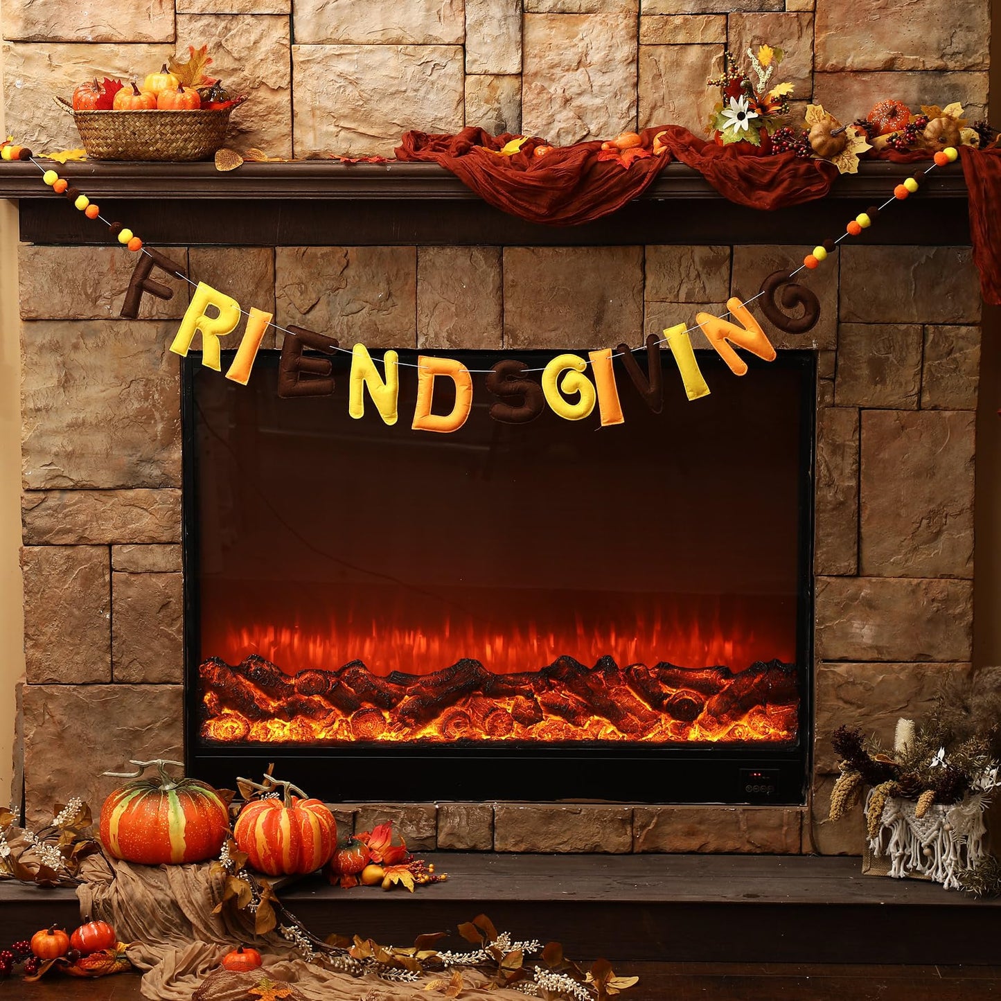 Breling 8ft Friendsgiving Banner Felt Ball Garlands Friendsgiving Party Decor Pre-strung Orange Yellow Brown Felt Banner for Fal