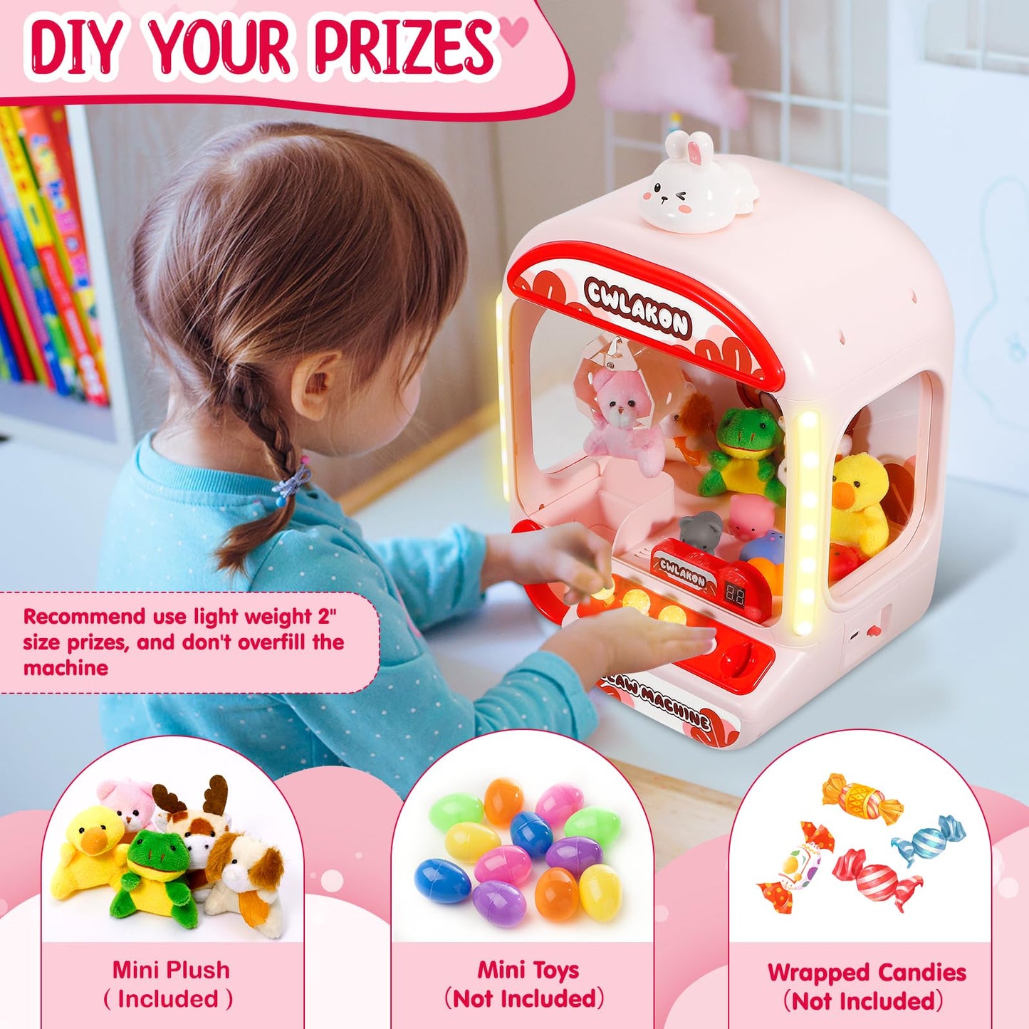 Cwlakon Claw Machines For Kids With Sound Light, Mini Vending Machine Rabbit Toys For Girls Age 3+, Candy Grabber Prize Dispenser Arcade Games With Mini Plush Toys, Christmas Birthday Gifts
