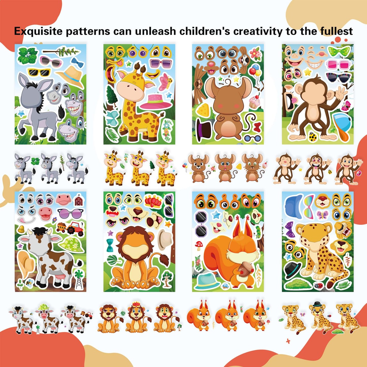 24 Sheets Animal Stickers For Kids Toddler, Jungle Animal Stickers Make-A-Face Sticker Sheets Make Your Own Animal Mix And Match