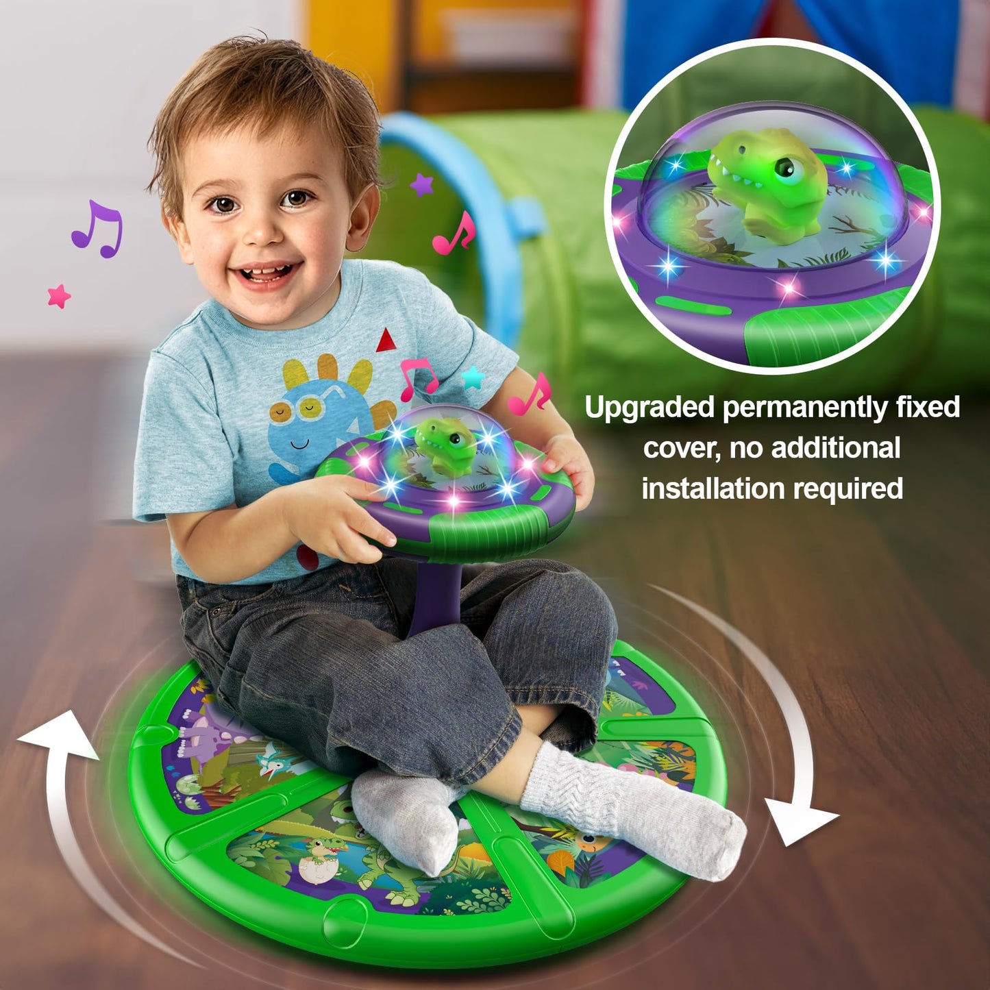 Flooyes Dinosaur Sit And Spin Toys For Toddlers Boys 1 2 3 Years Old, Birthday Gift For Boys Age 2-4 With Led Lights And Music, 360° Spin