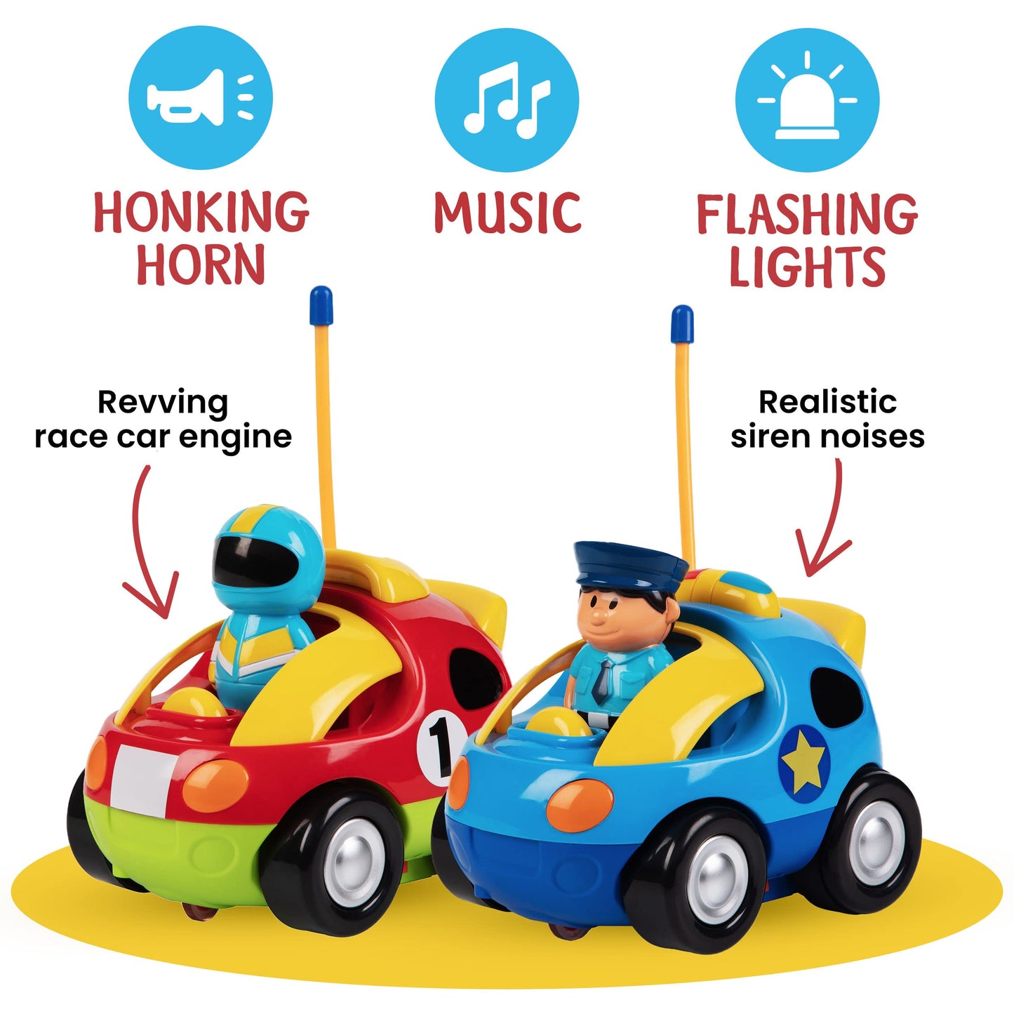 PREXTEX 2 Pack Cartoon Remote Control Cars - Police Car and Race Car for Toddlers - RC Cars for Kids with Different Frequencies