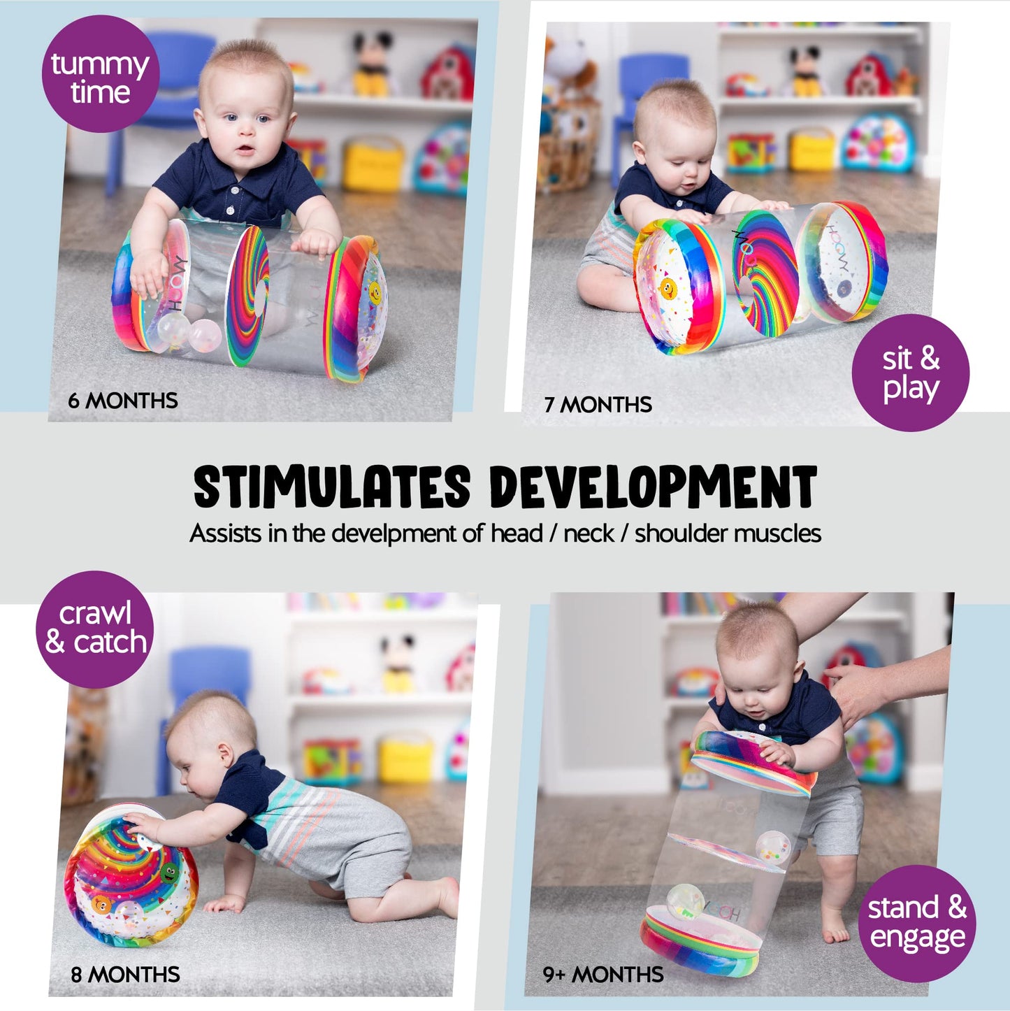 Hoovy Infant Crawling Toys | Toys For Crawling Babies | Crawling Toys For Babies 6-12 Months | Beginner Crawl Along Baby Roller | Drop Maze Tummy Time Activity Center (Rainbow Swirls)
