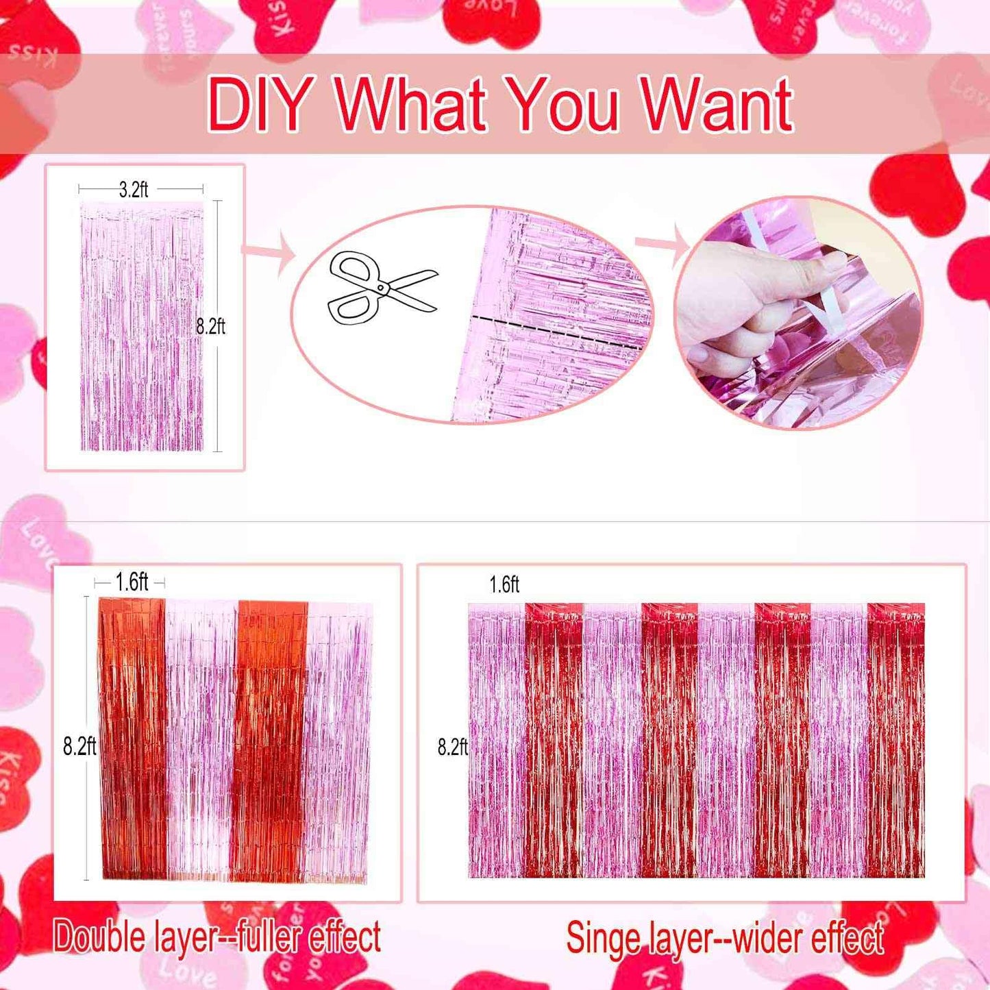 EUFARS Valentines Day Party Decorations - 4 Pack of 3.2x8.2ft Red Pink Foil Fringe Curtains Streamers Backdrop for Birthday Gale