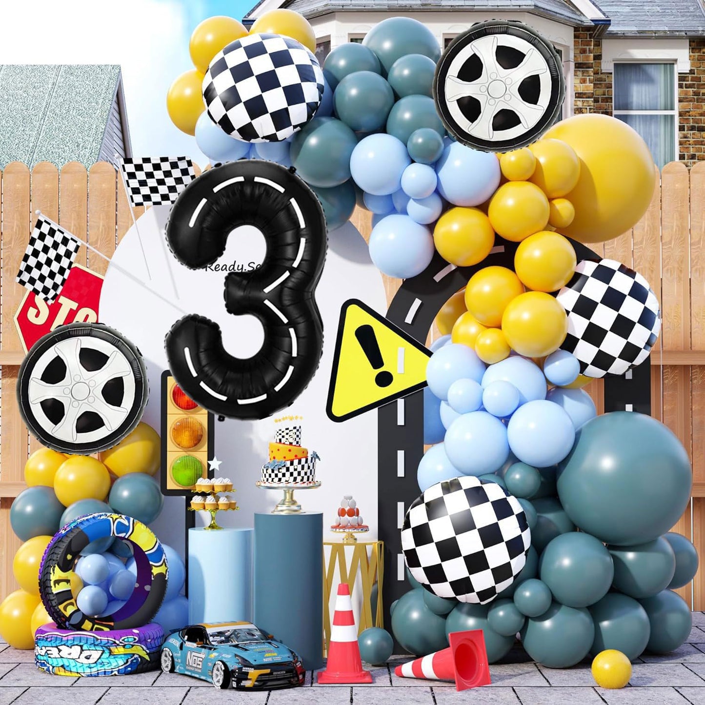 Race Car Birthday Balloons Decorations, 40 Inch Racetrack Black Number 3 Balloon, Eostankr Large Mylar Black 3 Balloon For 3St B