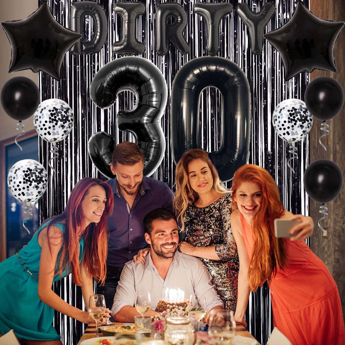 Joymemo 30Th Birthday Decorations Black - Dirty Thirty Foil Balloon & Cake Toppers, Happy Birthday Banner, Black Star Confetti Balloons, Foil Fringe Curtain For Men Women Thirty Bday Party Supplies