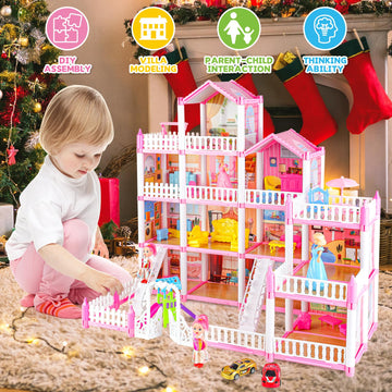 Deao Princess Doll House,4-Story 16 Rooms Kids Play Dollhouse Playset With 4 Dolls Furniture & Accessories,Pink Castle Dollhouse Toy For 3 4 5 6 7 8+ Kids Girls Toys