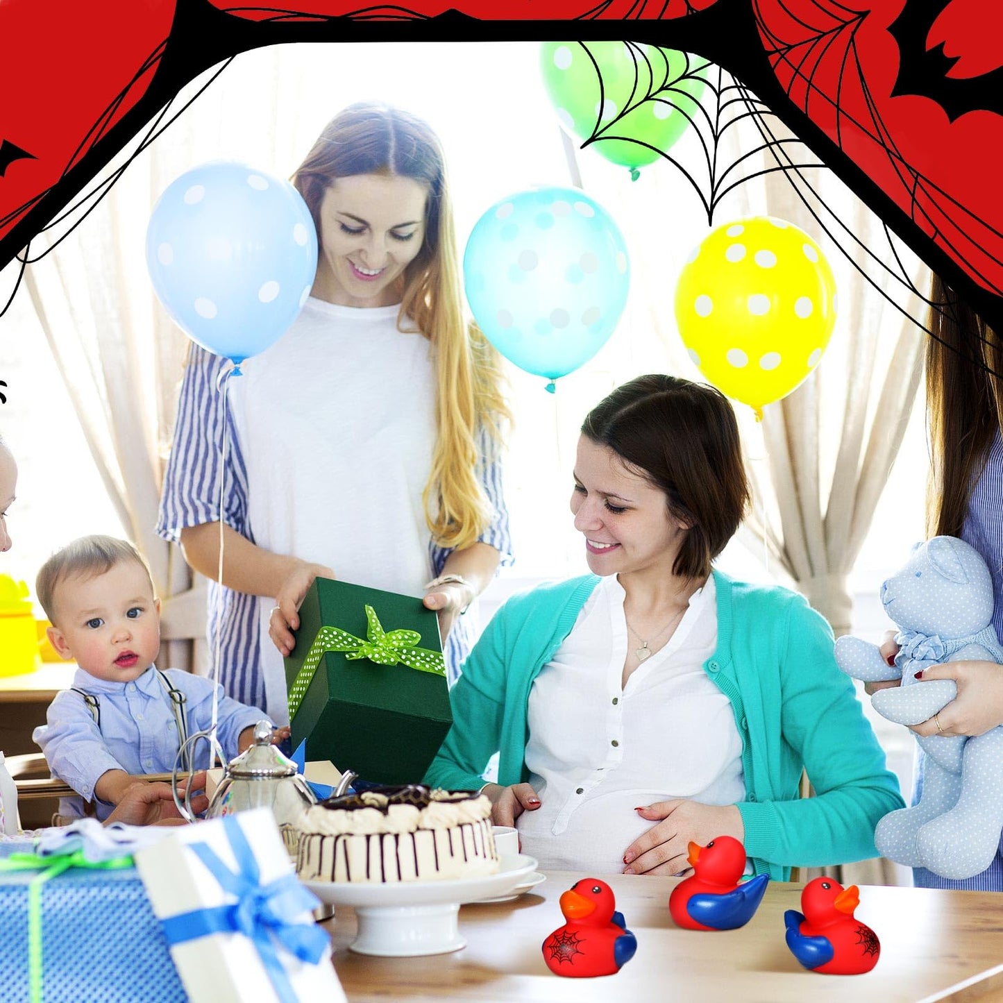 Leyndo 24 Pcs Glow in The Dark Spiderweb Rubber Duck Bulk Spiderweb Birthday Party Decoration Favors Squeaky Red Blue Duck for Bathtub Floating Pool Gifts Party Supplies