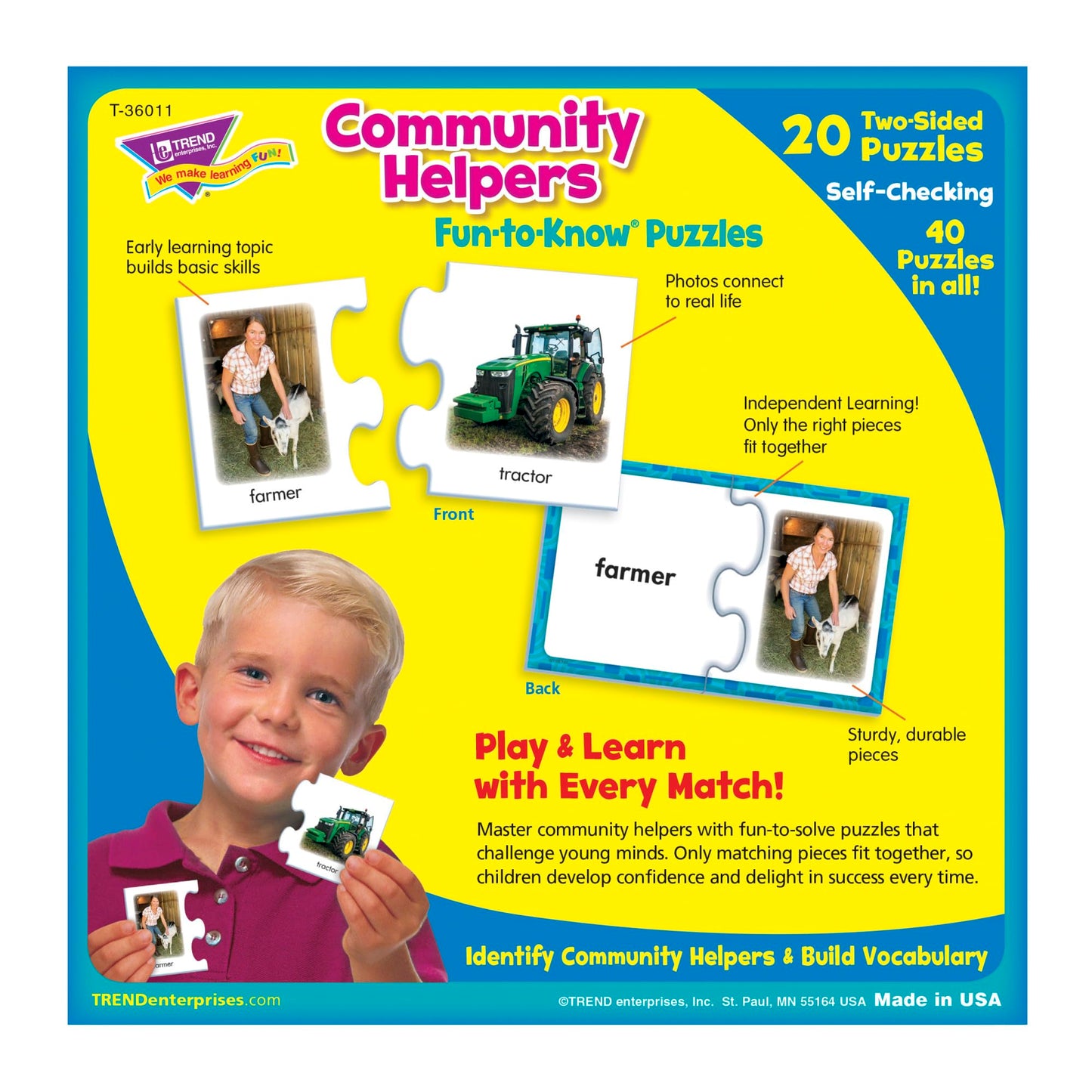 Trend Enterprises: Fun-To-Know Puzzles: Community Helpers, Learn About Community Helpers & Their Tools, 20 Two-Sided Puzzles, Se