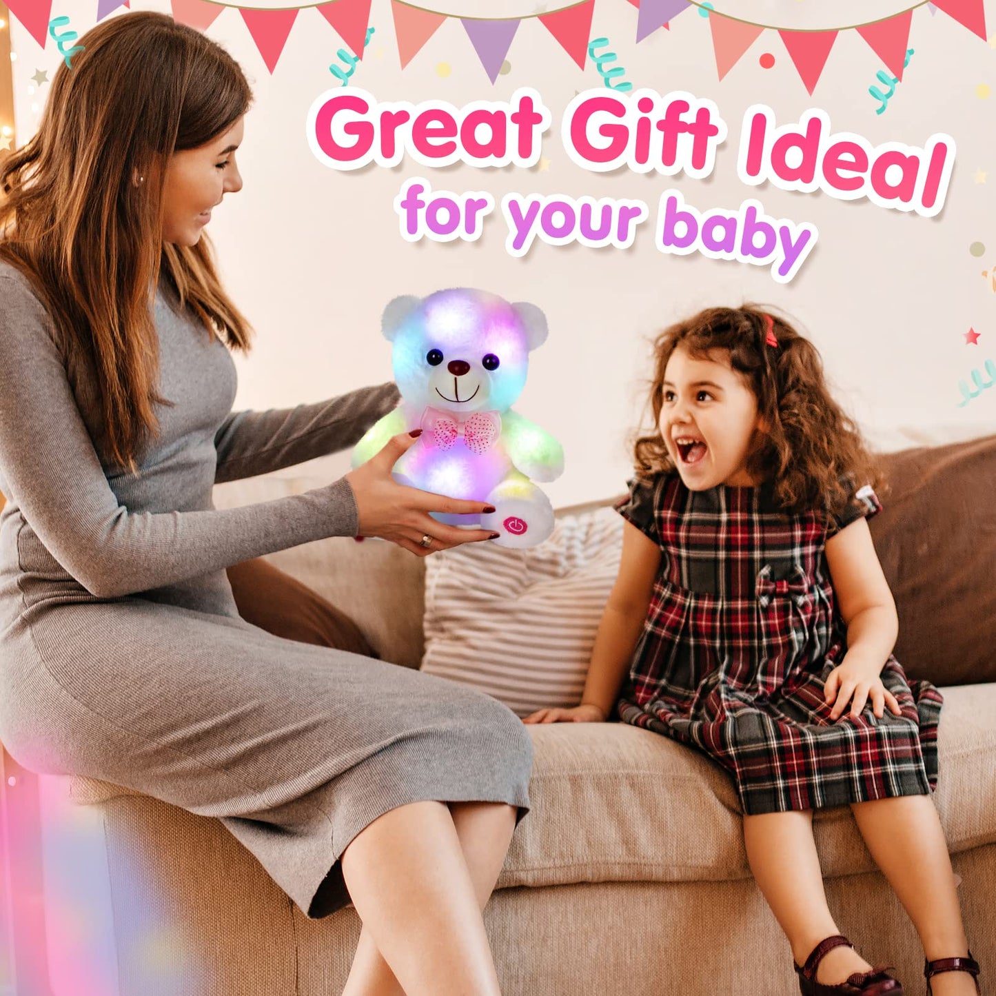 Bstaofy Light Up White Teddy Bear Led Stuffed Animal Soft Nightlight Glow Bear Plush Toy Gifts For Kids Mom Girls Birthday Christmas, 8'