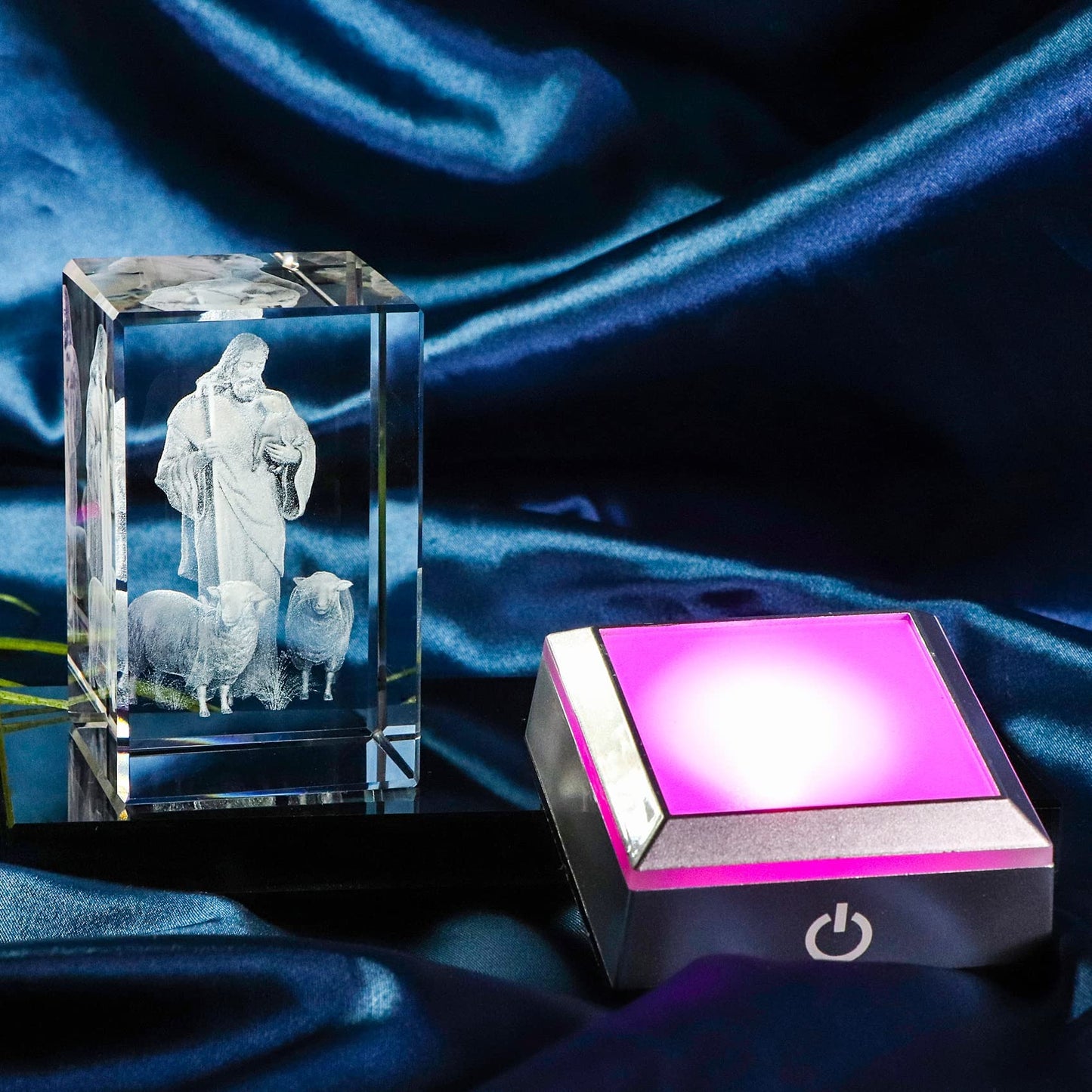 Ywhl 3D Crystal Good Shepherd Statue With Colorful Base Laser Engraved Jesus Figurine For Religious Gifts For Women Men On Chris
