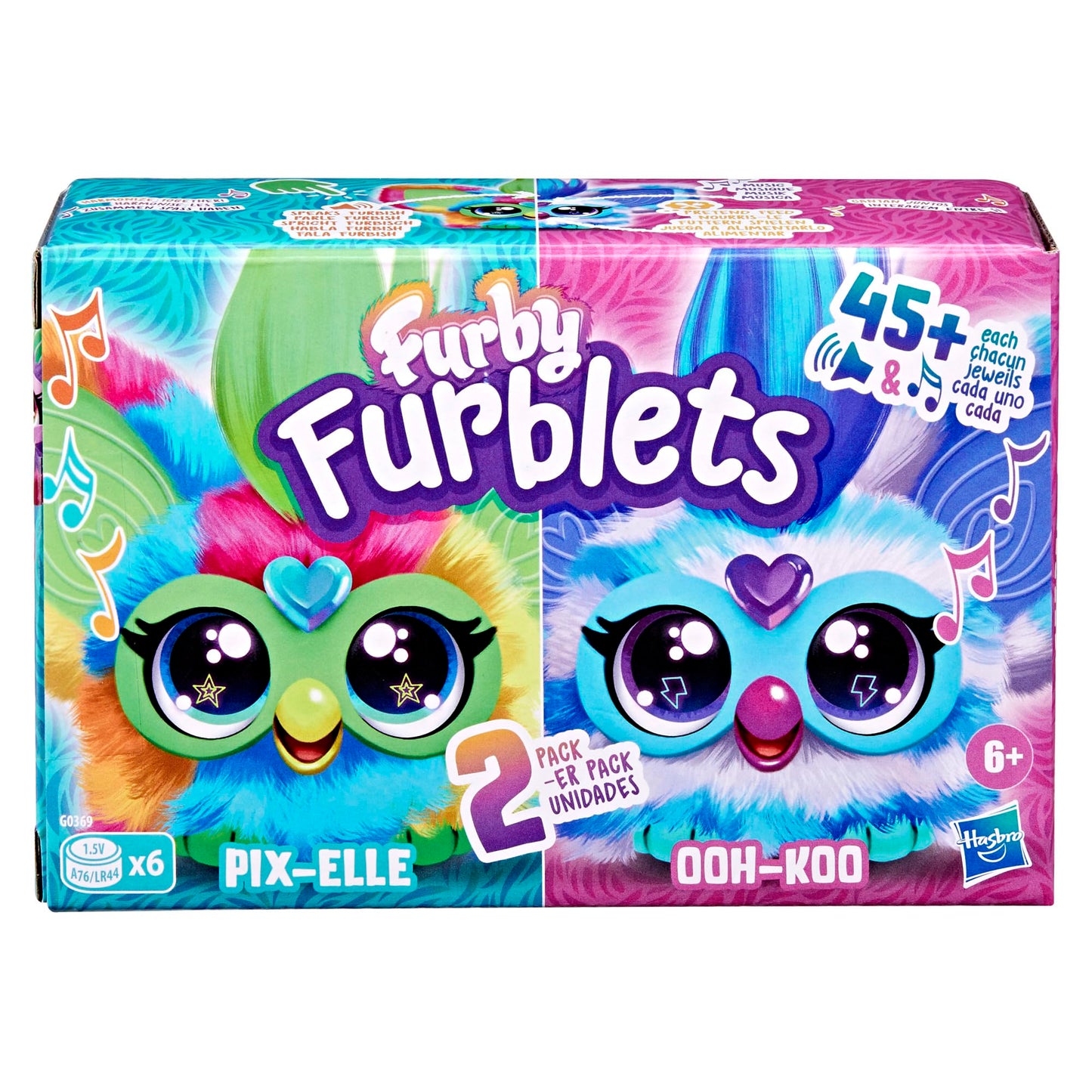 Furby Furblets 2-Pack, Mini Friends Pix-Elle & Ooh-Koo, 45+ Sounds Each, Music & Speaks Only Furbish, Electronic Plush Toys For Girls & Boys, Interactive Pets, Multicolor & Blue/White, 6+