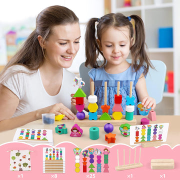 Montessori Toys For 2 3 4 Years Old -Cute Witch Princess Unicorn Fairy Mermaid, Wooden Bead Sequencing, Stacking Block & Sorting