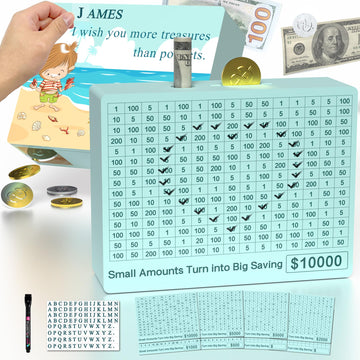 Personalized Cash Vault Wooden Savings Box 10000 With 8 Targets($500-5000),Reusable Money Saving Box For Cash 10000 With Easy-Pu