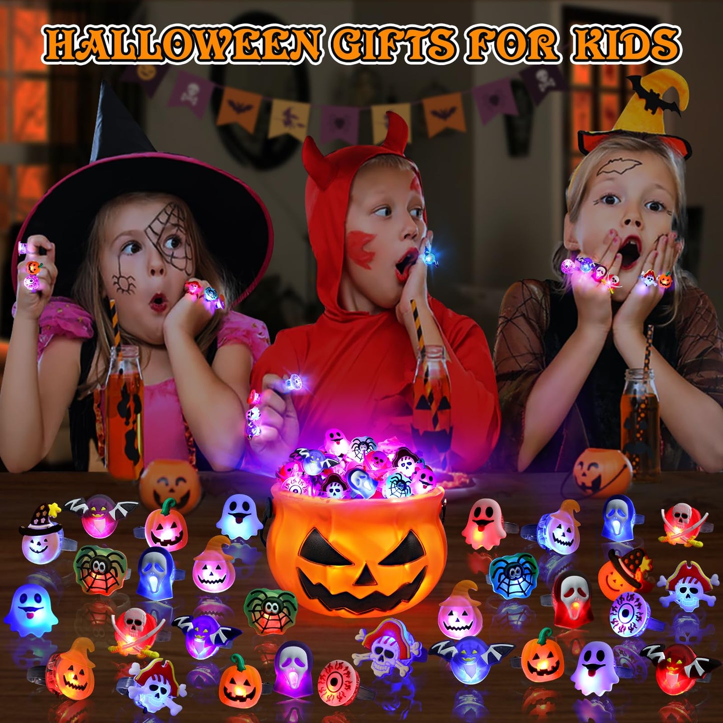 Coluans 50P Halloween LED Ring Light Up Rings - Glow in the Dark Party Favors for Kids, Non-Candy Gift Bag Fillers, NEW VERSION