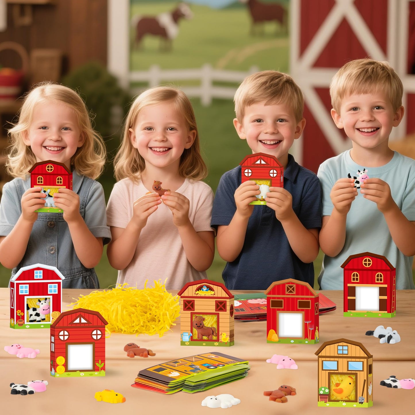 CY2SIDE 24 Pack Farm Animal Squishy Toys with Farm Barn Gift Box and Raffia Filler for Kid Cute Pig Cow Chicken Novelty Miniature Squishy Toys for Birthday Gift Christmas Goodie Bag Stuffed for Girls