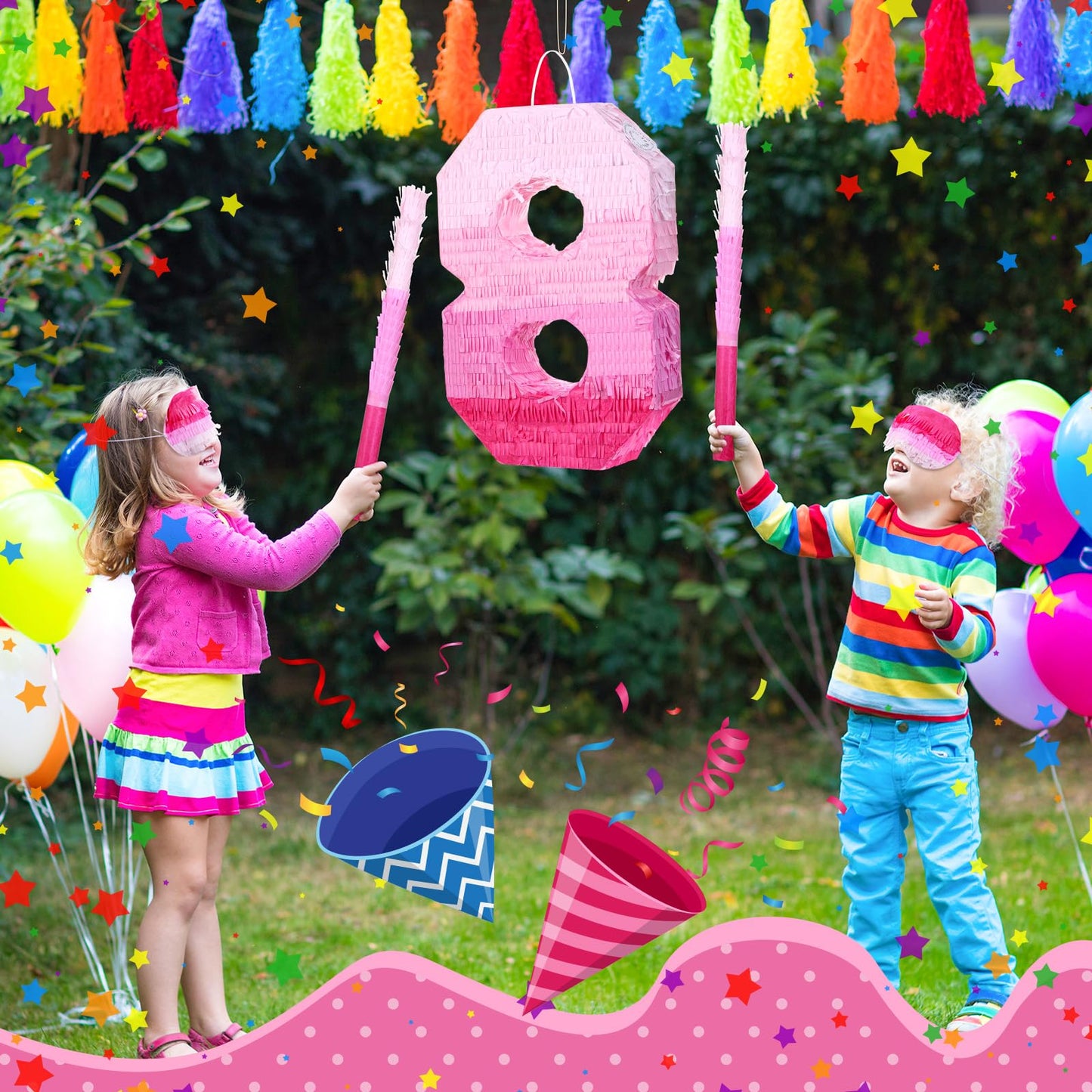 Number 1 Pinata First Birthday Pinata Decorations Gradient Pink Pinata With Stick Blindfold Confetti For Girls Boys Birthday (Number 8)