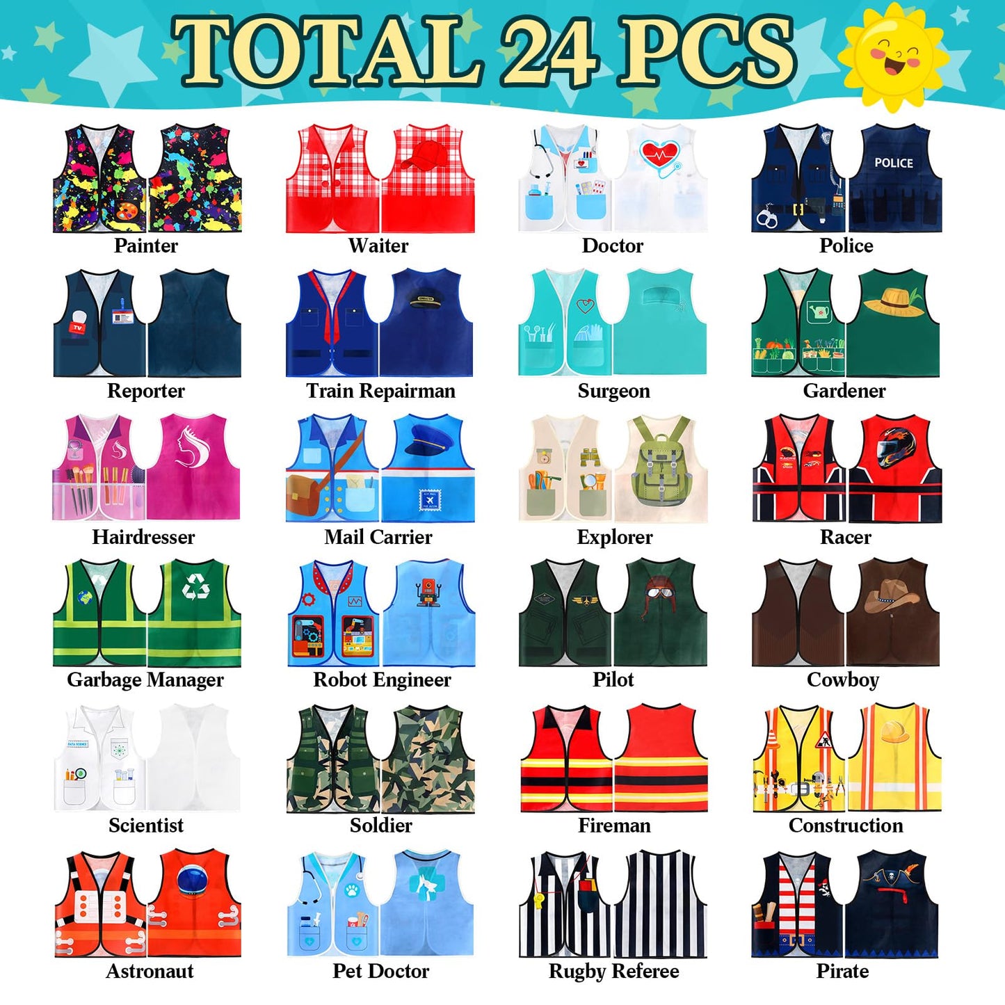 Geyoga 24 Pcs Kids Community Helper Dress Up Vest Career Cosplay Cloth Toddlers Occupation Pretend Play Costume