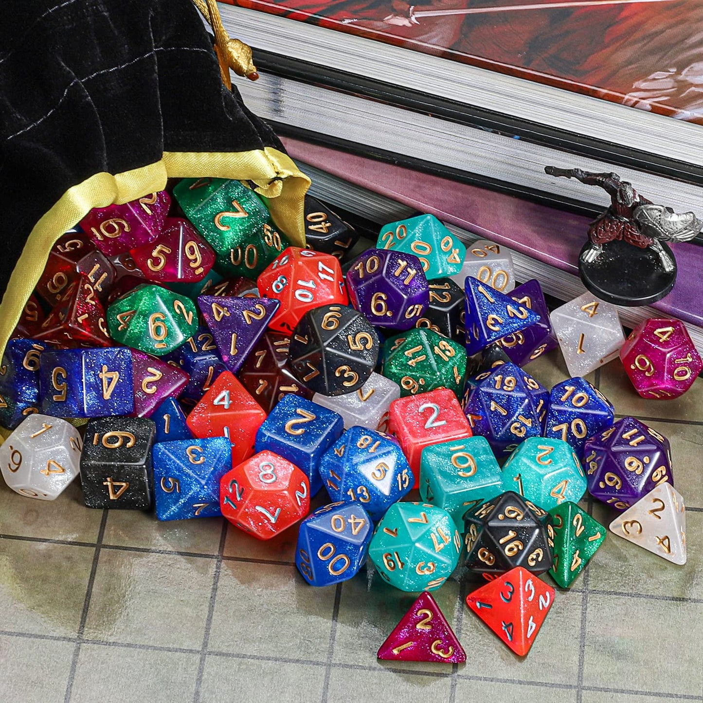 QMay DND Dice Set 10x7 (70 Pieces) Polyhedral Dice for Dungeons and Dragons D&D RPG MTG Role Playing Games with 1 Drawstring Bag