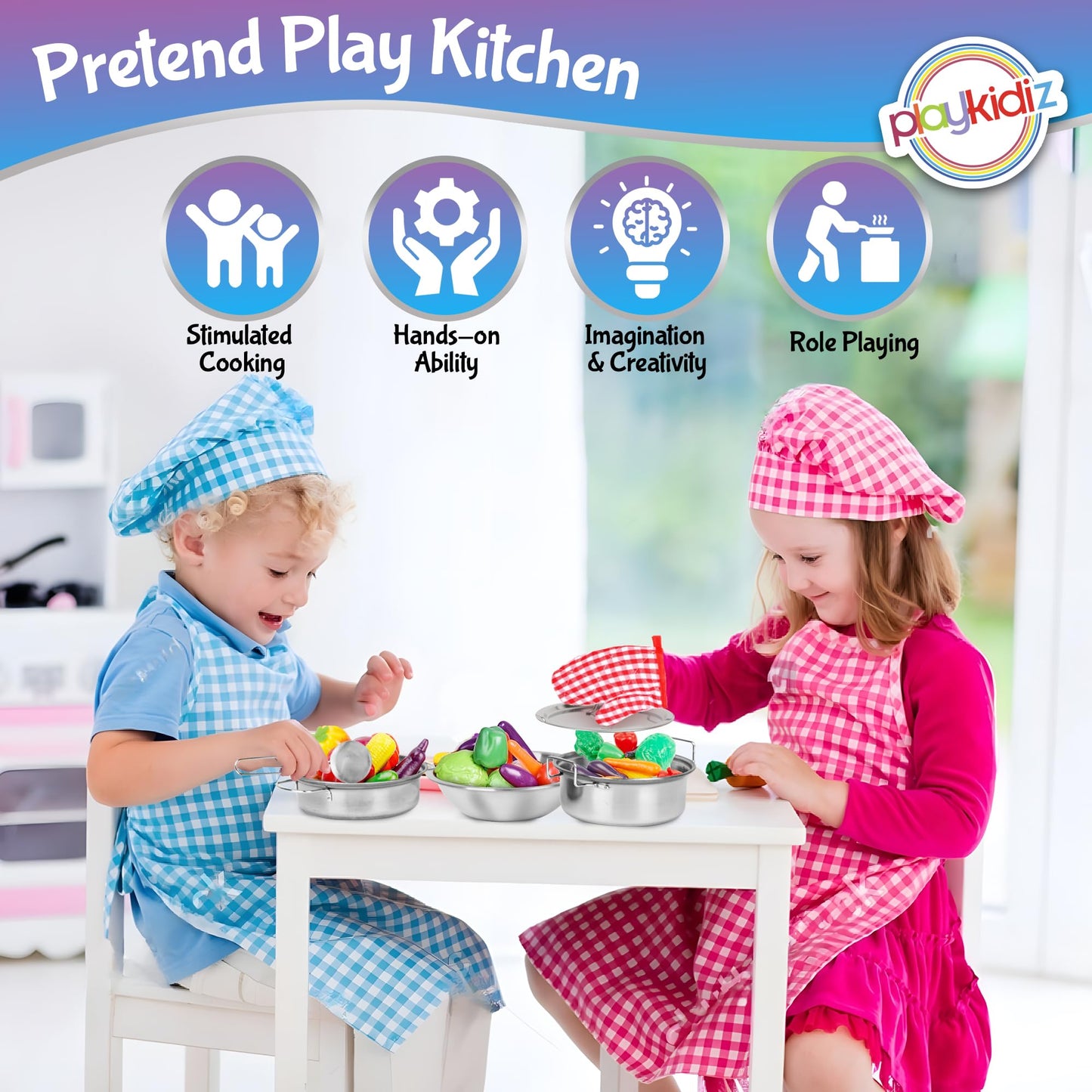 Playkidz Stainless Steel Pots and Pans - Toy Cookware 9 Piece Playset for Kids Pretend Play House - Great Birthday Gift for Girl