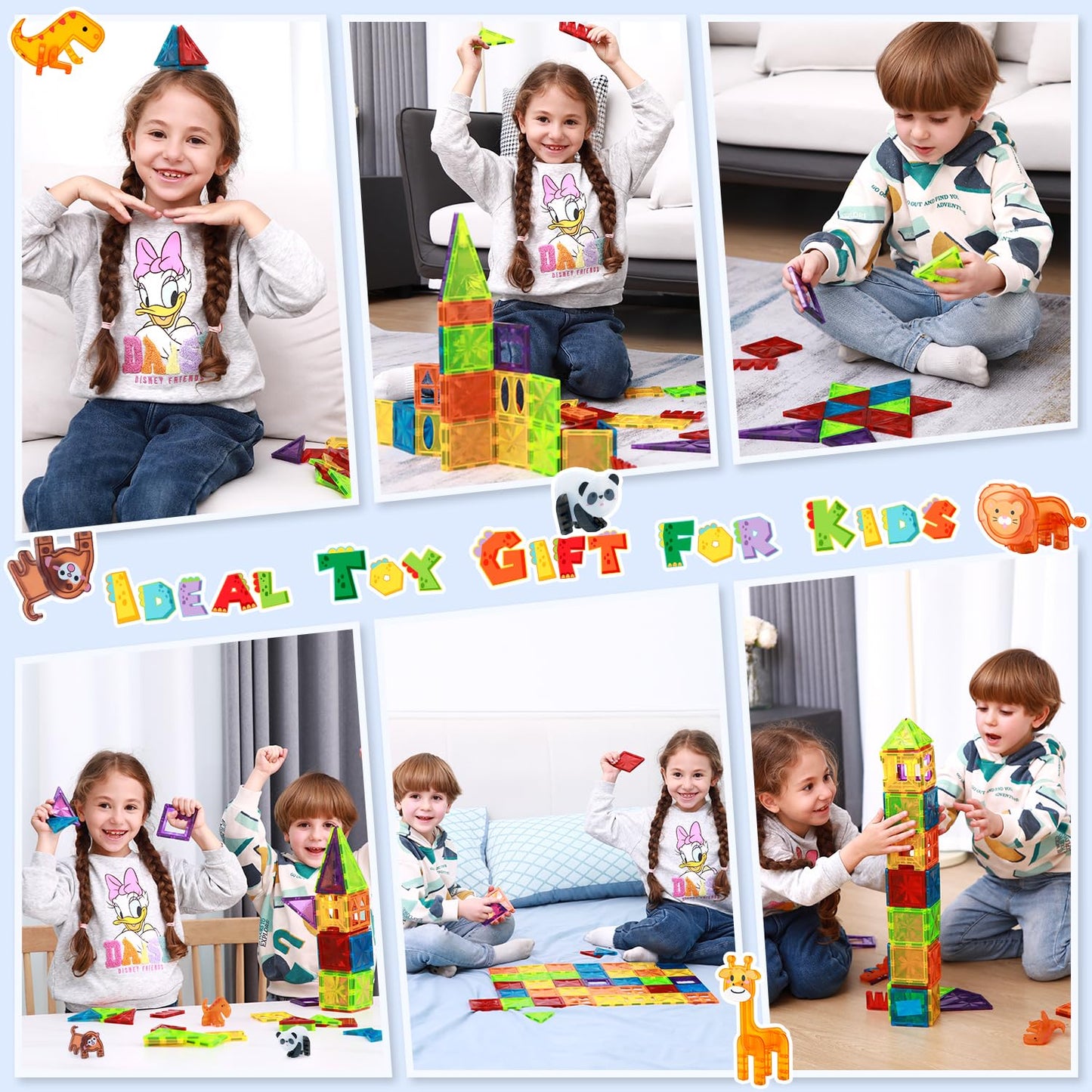 Magnetic Tiles 110PCS 3D Animals Magnet Tiles with 2 Cars Kids Magnet Building Blocks STEM Educational Magnet Toy Set Constructi