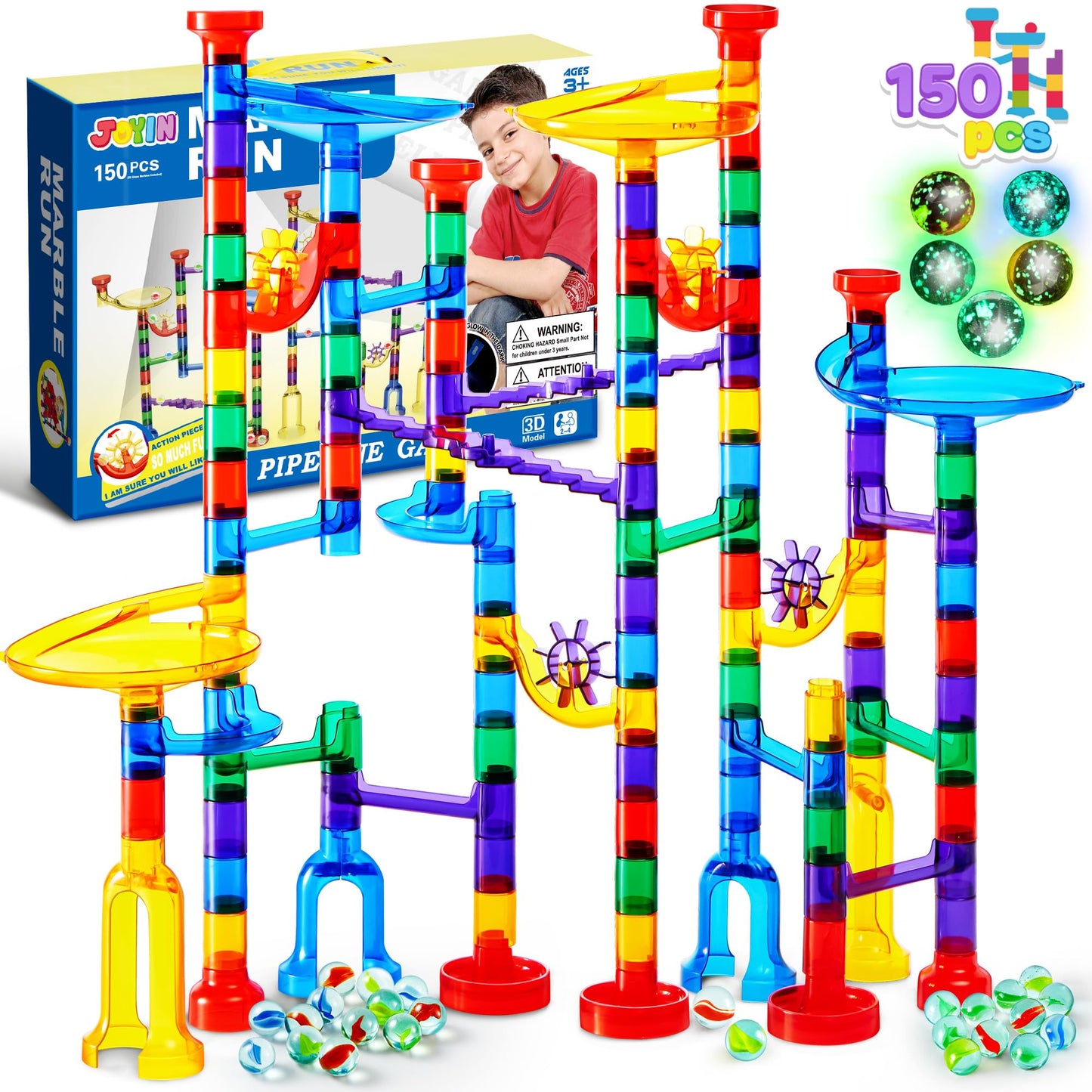 Joyin 150Pcs Glowing Marble Run- Construction Building Blocks Toys With 5 Glow In The Dark Glass Marbles, Stem Educational Building Block Toy