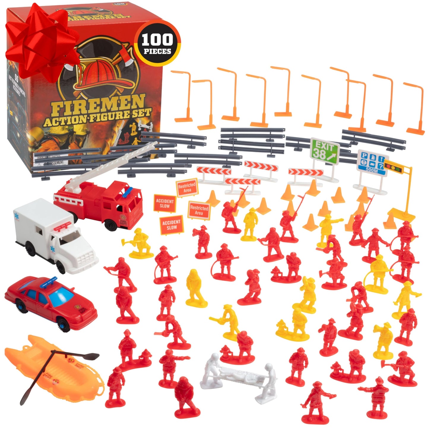 Fireman Action Figure Toys- 100Pc Firefighter Figurines Playset Includes Firemen, Firetrucks, Ambulances, Rescue Boats & More- G