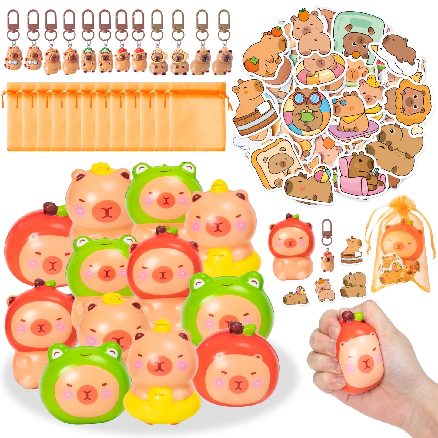 TICIAGA 12 Pack Capybara Squeeze Toys Christmas Gift Set for Kids, Included Random Slow Rising Squishy Toy Keychain Sticker and
