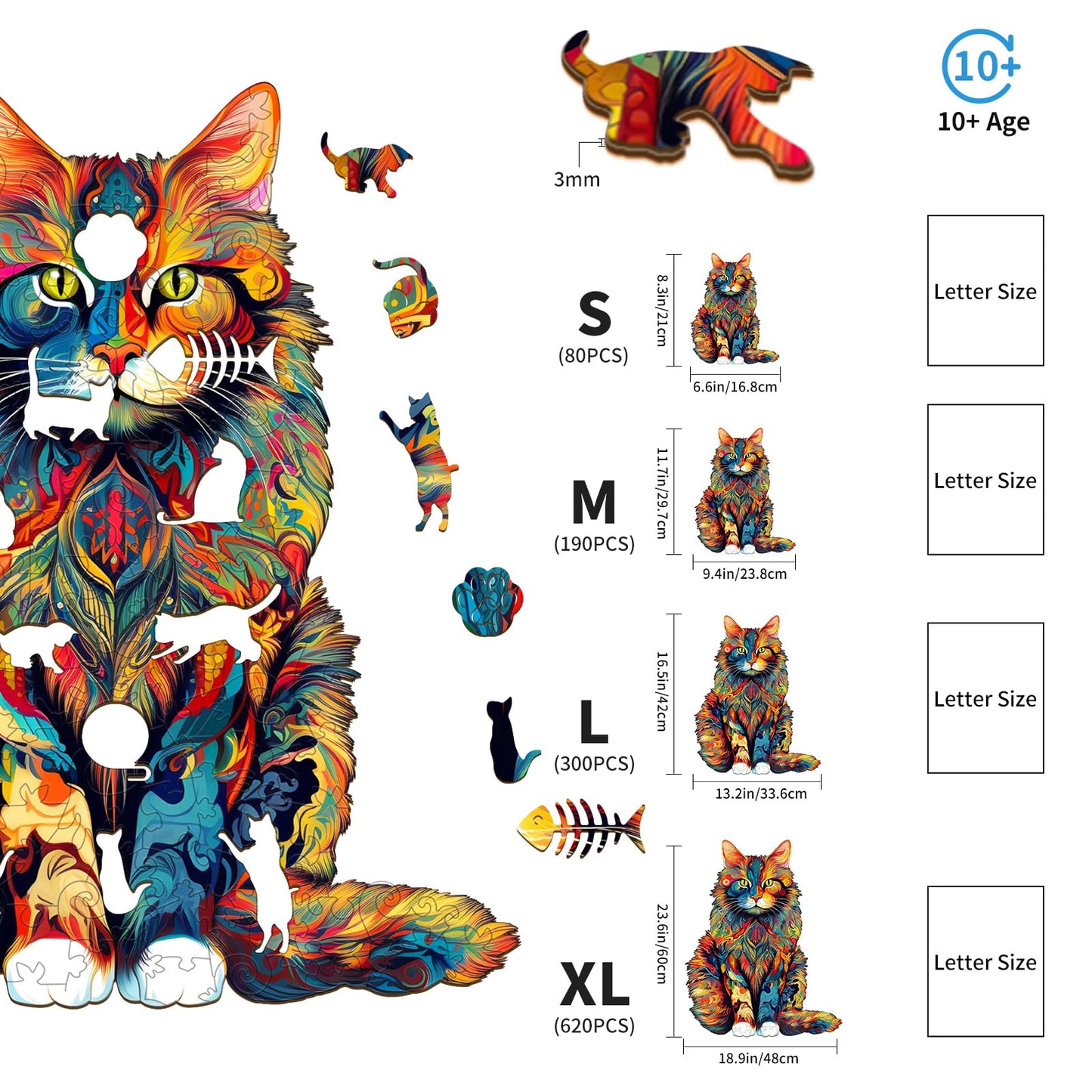 Woodemon Wooden Puzzles For Adults, Maine Coon Cat (L-300Pcs) Wooden Jigsaw Puzzles, Unique Shaped Animal Wood Puzzles, Wooden Animal Puzzles For Adults And Kids Family Christmas Puzzles 16.5*13.2In