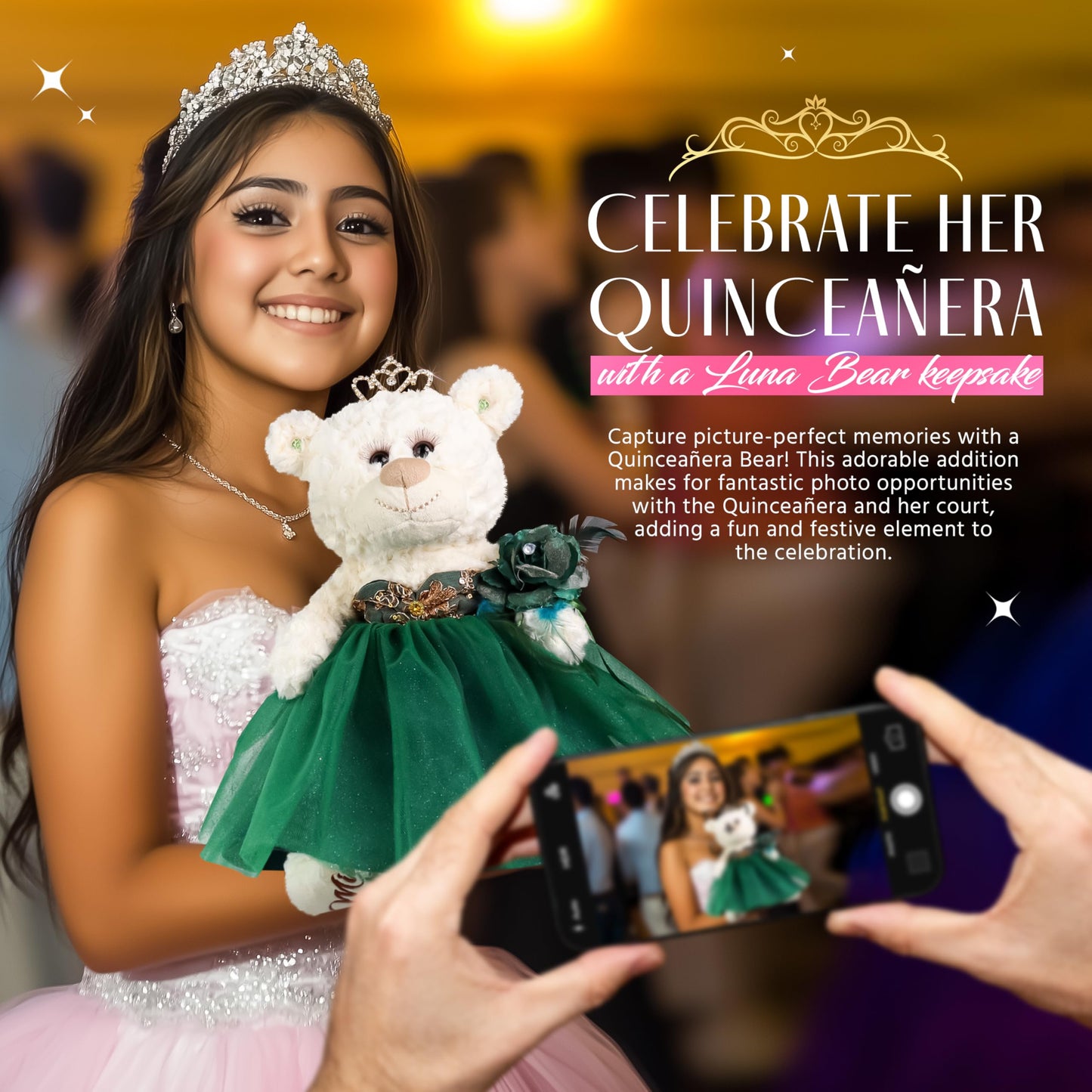 Kinnex Collections Since 1997 12'' Quince Anos Teddy Bear With Dress Embroidery Mis 15 Anos (Centerpiece) ~ B09631-33G (Emerald