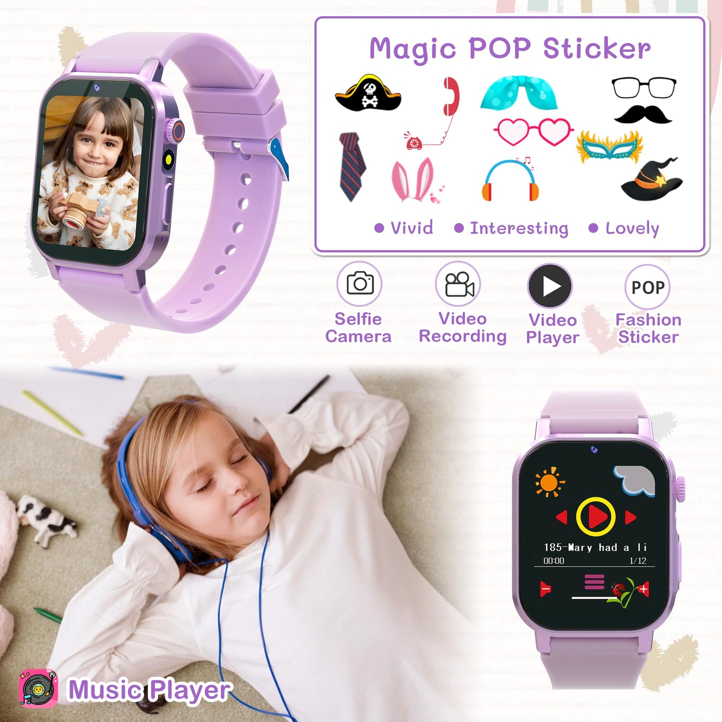 Kids Smart Watches Girls With 32 Games Gift For Girls Age 3-12 Watch For Kids With Hd Touch Screen,Video,Camera,Music Player,Pedometer,Learn Card,Audiobook, 5-10 Year Old Girl Gifts