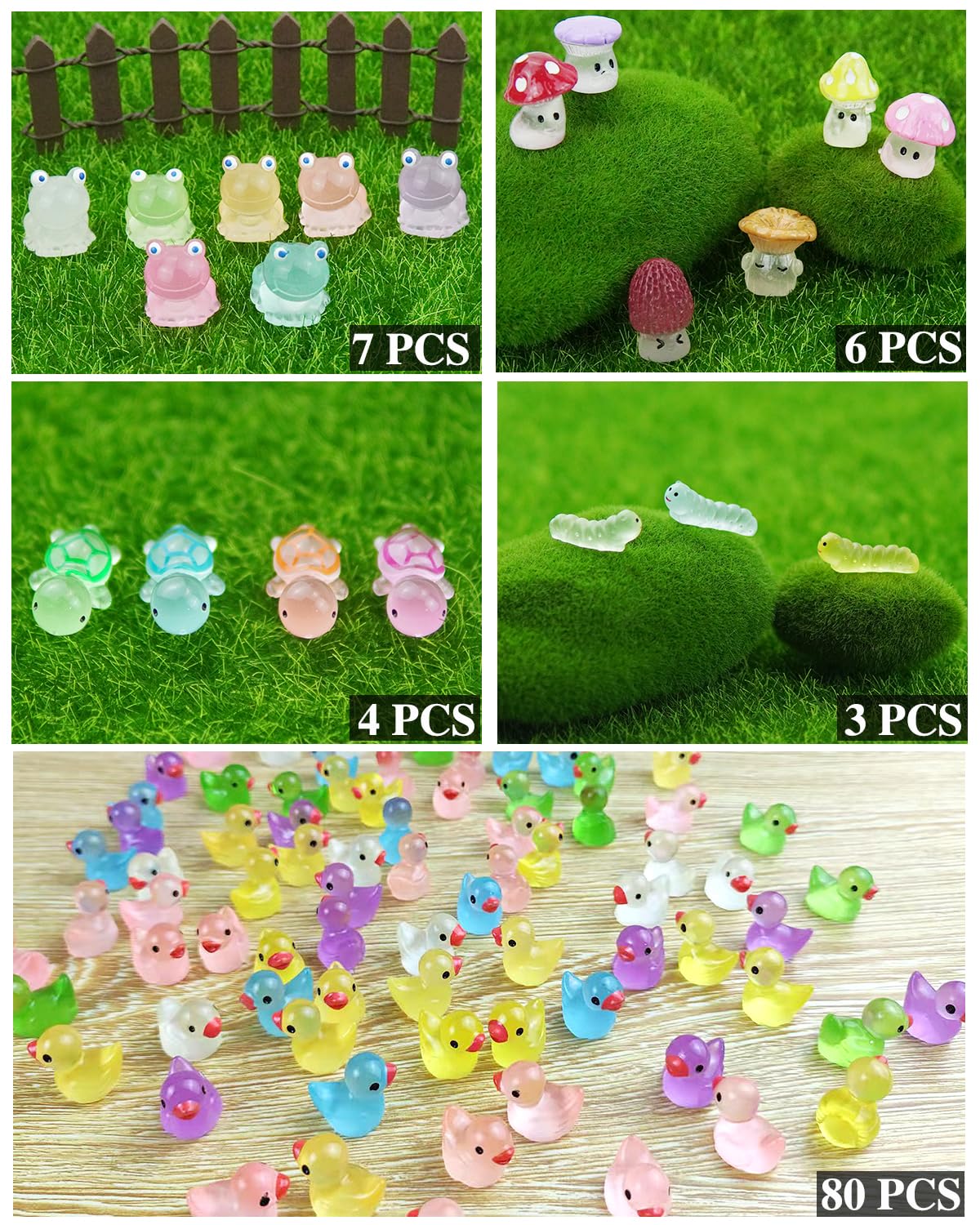 LOIKMIUP 100PCS Luminous Mini Animals Glow in The Dark, Tiny Animals Figures Resin Duck Frogs Turtle Mushroom Caterpillars 5 Com
