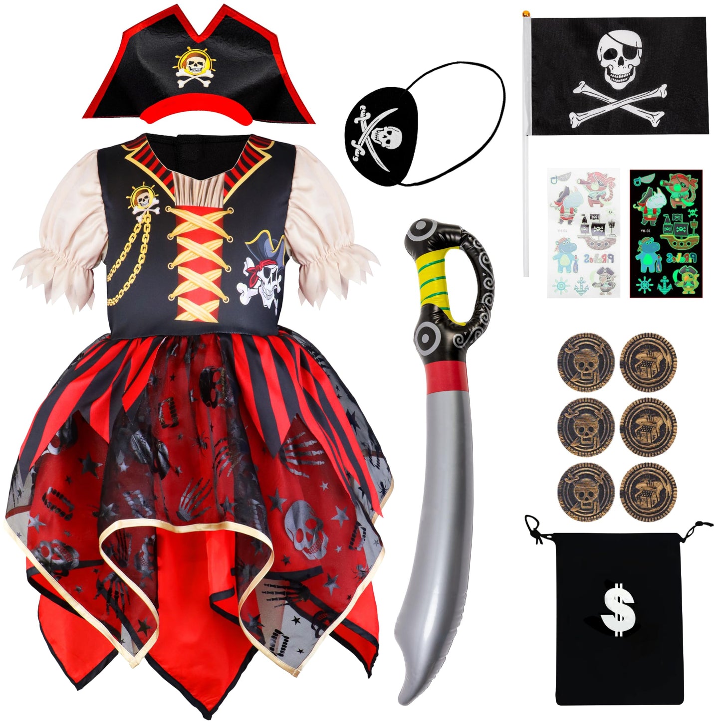 IKALI Girls Pirate Costume with Hat Accessories, Buccaneer Princess Fancy Dress Outfit for Kids 3T 4T Themed Party Role Play