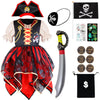 Ikali Girls Pirate Costume With Hat Accessories, Buccaneer Princess Fancy Dress Outfit For Kids 8-10 Years Themed Party Role Pla