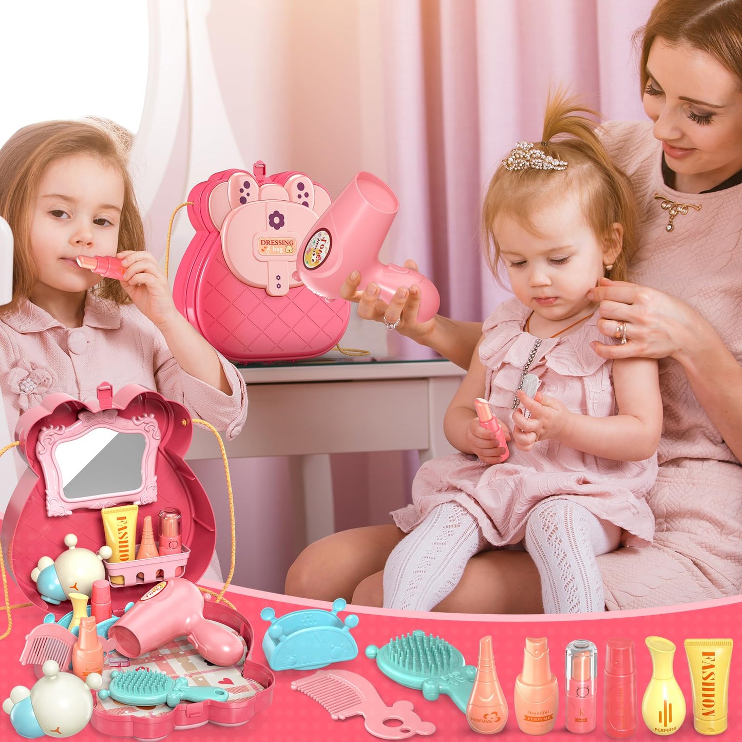 Lilybuds Pretend Play Toys For Kids, Girls Vanity Set With Mirror, Pretend Play Toy Makeup Set With Bag, Beauty Salon Play Set W