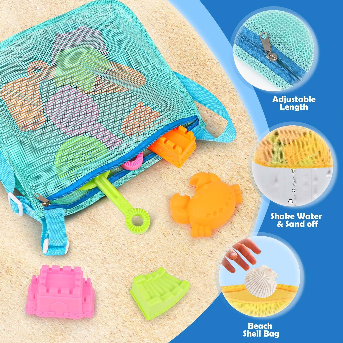 Dreamon Beach Toys for Kids 3-10, Collapsible Sand Toys Include 3 Pack Foldable Buckets with Mesh Bag, 24 PCS Beach Mold and Sho