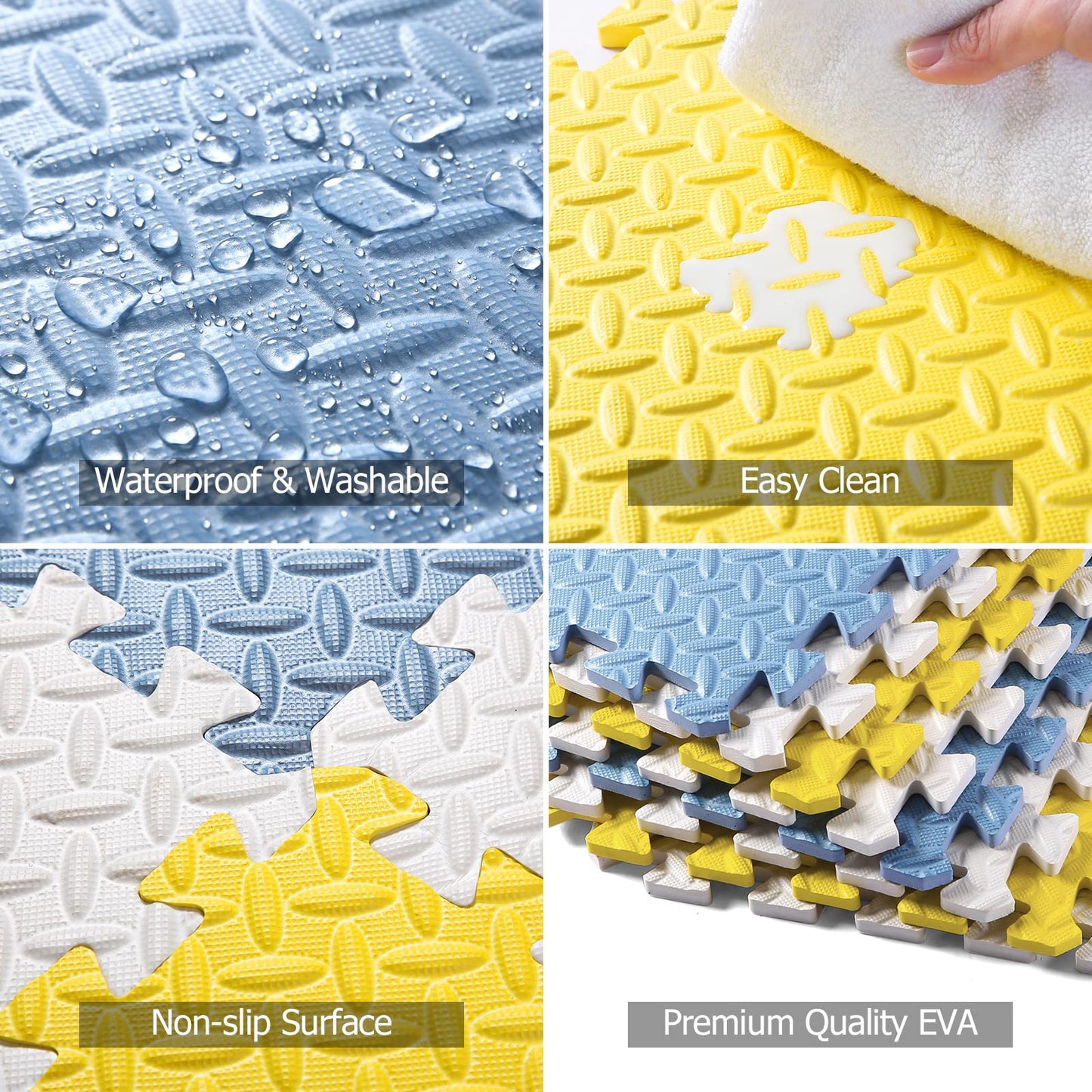 Tamiplay Foam Floor Mats For Kids, 12 X 12 Inch 16 Tiles 0.4' Thickness Foam Play Mat, Non-Toxic Square Interlocking Floor Mats Rubber Baby Play Mat For Toddlers(White/Yellow/Gray Blue)
