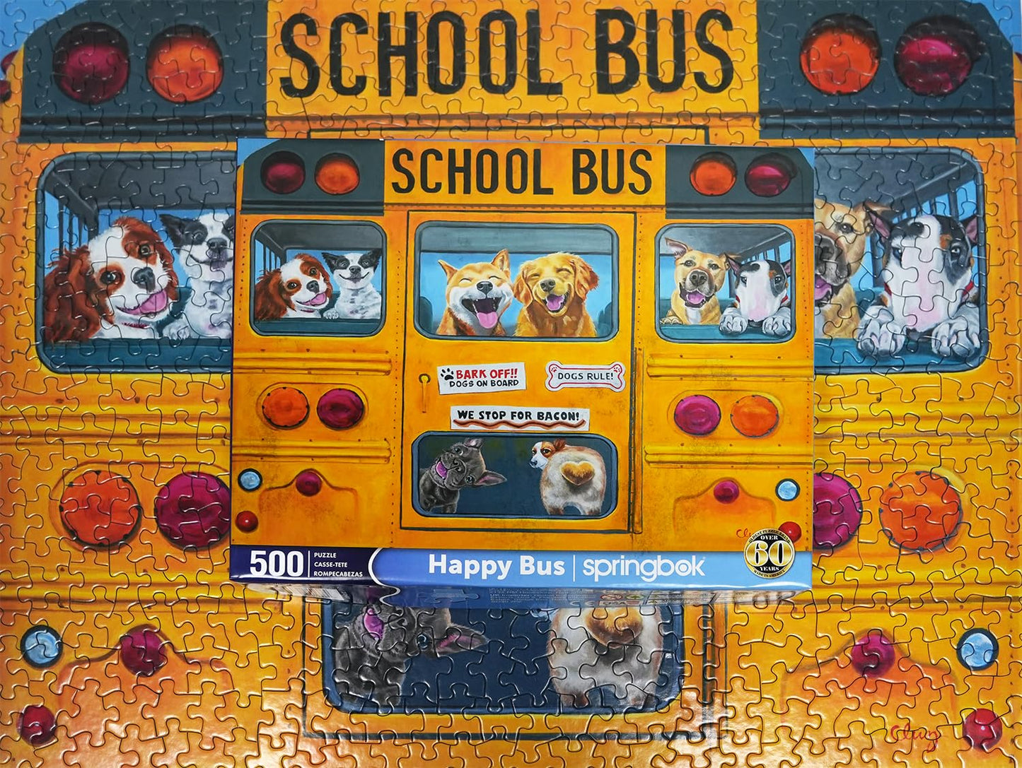 Springbok Happy Bus 500 Piece Jigsaw Puzzle For Adults And Kids - Dog Lovers Will Enjoy This Illustration By Artist Carol Luz Of Lots Of Happy Dogs On The Schoolbus.