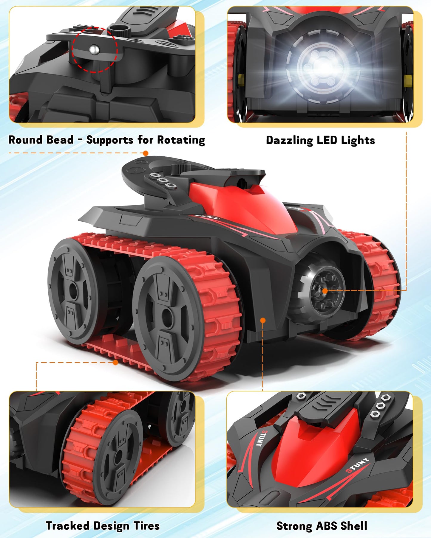 Eulogia RC Tracked Tank, Remote Control Stunt Car, 360-degree Upright Rotations, Multi-Driving with Headlight, All-Terrain Car T