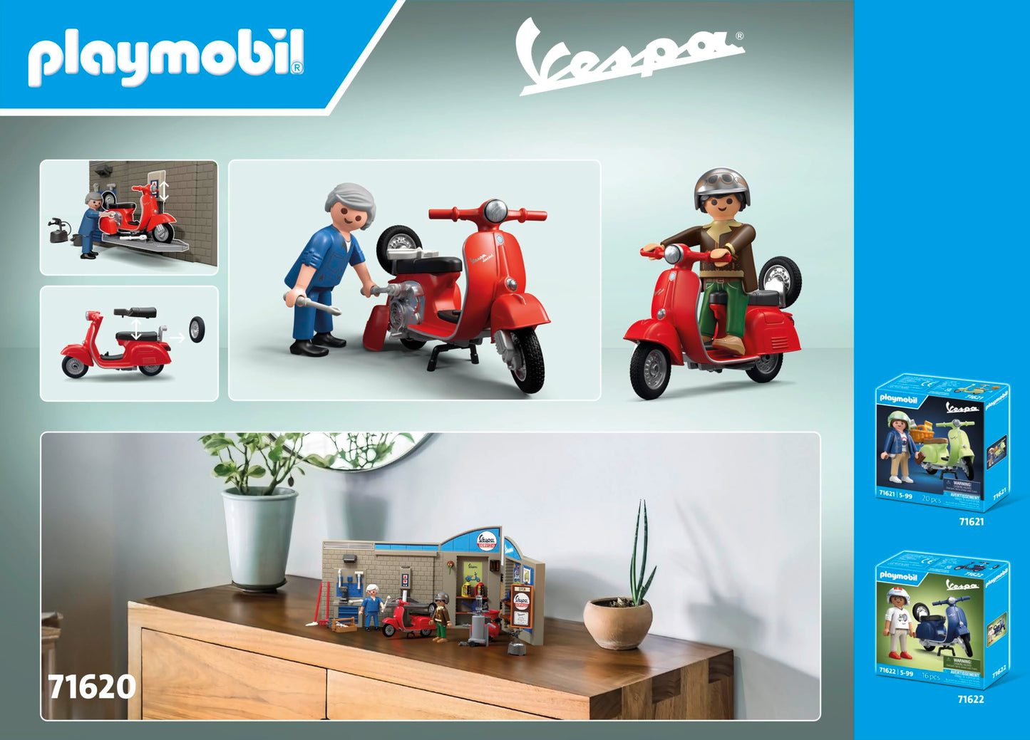 Playmobil 71620 Garage Vespa 60S - Includes Two Characters, Vespa, 2-Part Garage Wall, Mobile Lift Platform And Accessories - Fr