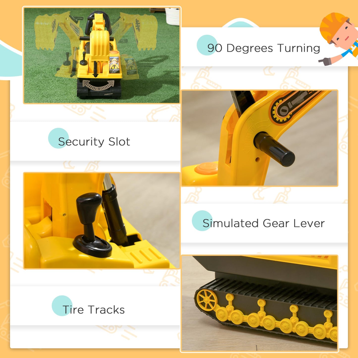 Homcom No Power Ride On Excavator Toy Tractors Digger Movable Scooter Walker Pretend Play Toddler Construction Truck Basket Storage For Boys Girls 18-48 Months Yellow Black