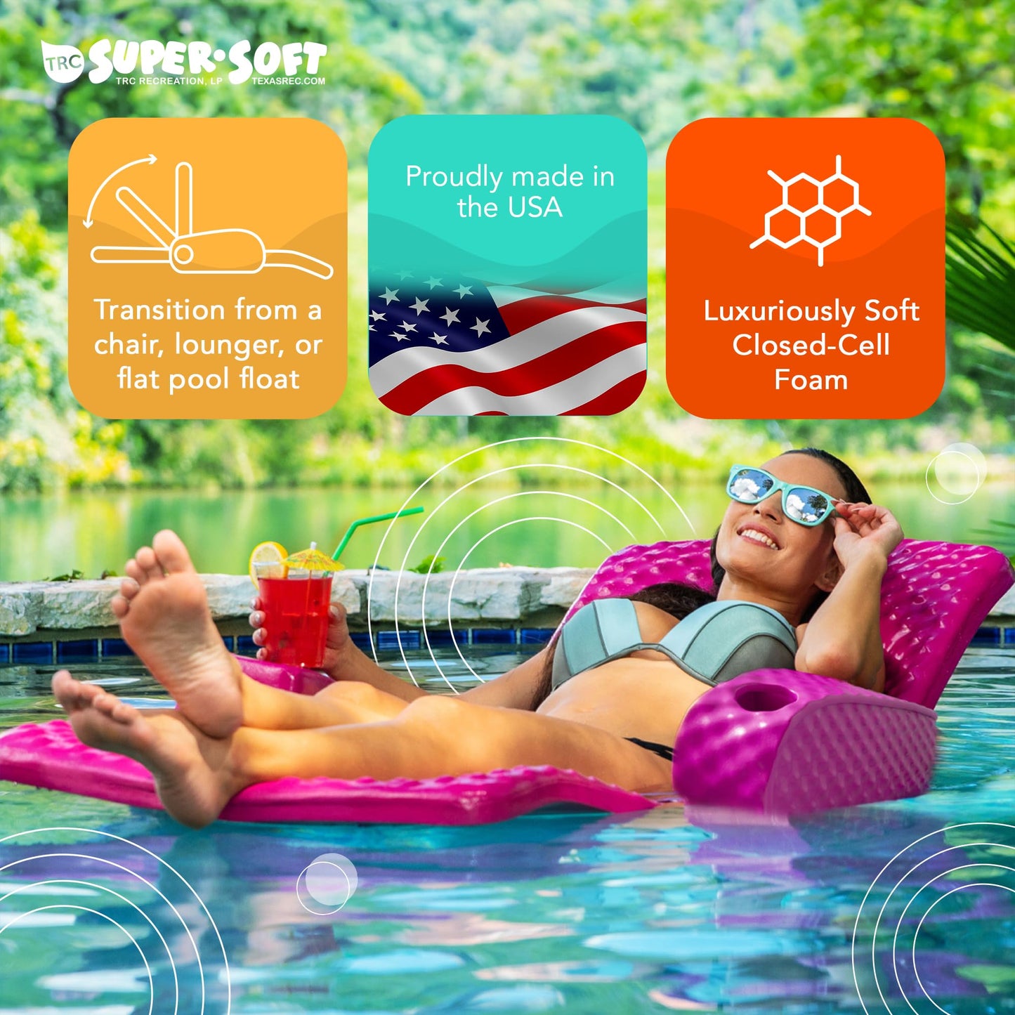 Trc Recreation Super Soft Adjustable Pool Recliner Float Portable Comfortable Chair Lounger With Cup Holders For Swimming Pool Essentials, Teal