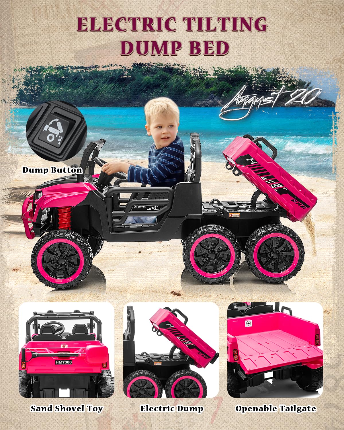 Letsgoride 24V Ride On Dump Truck, Kids Two Seater Battery Powered Truck Car W/Parent Remote Control, Electric Dump Bed, Shovel,