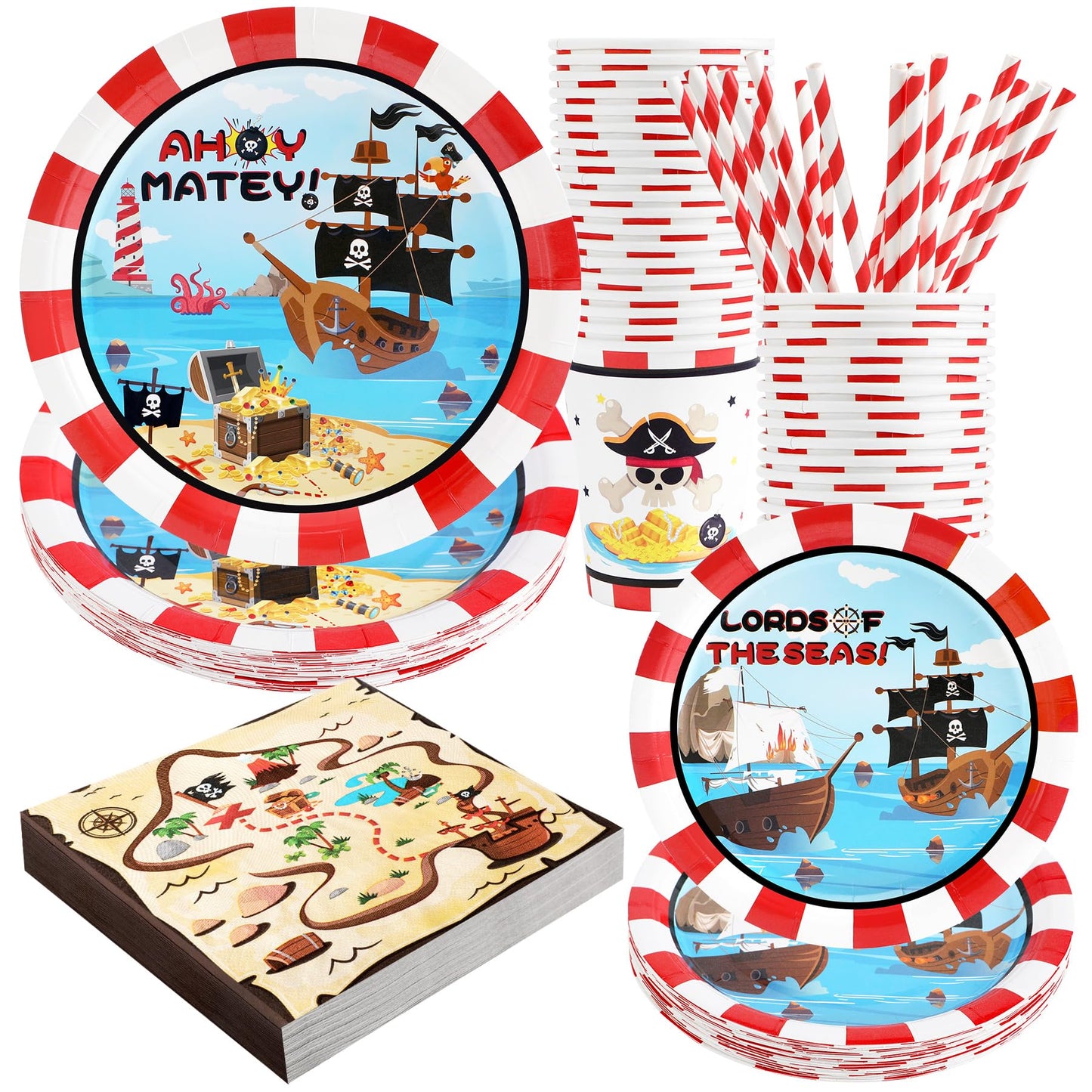 Pirate Birthday Party Supplies Decorations, Pirate Treasure Theme Paper Plates And Napkins Set With Cups And Straws For 24 Guest