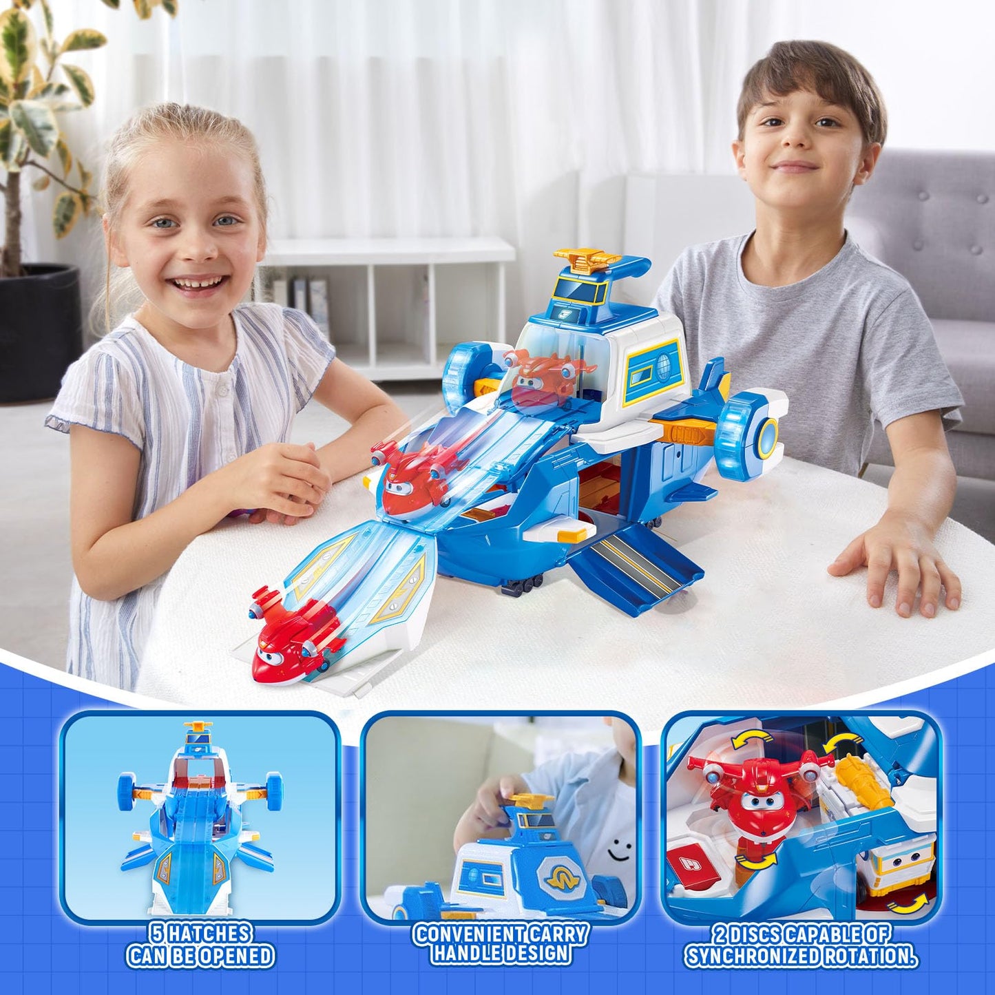 Super Wings Large World Aircraft Playset with 2 Supercharge Jett Air Moving Base Mini Figures Air Toys Preschool Toy Set Kids Gift for 3 4 5 Year Old Boys Girls Blue