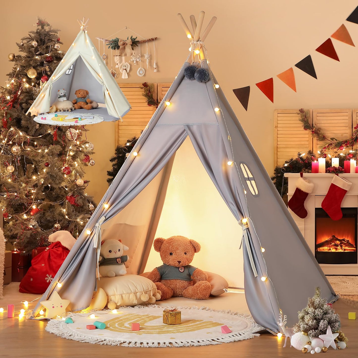 Besrey 2 In 1 Teepee Tent For Kids With Mat, Kids Tents Indoor With Light, Large Kids Tipi Tent With 2 Sided Design, Christmas Tent For Kids, Kids Teepee Tent For Boys Girls, Toddler Reading Tent