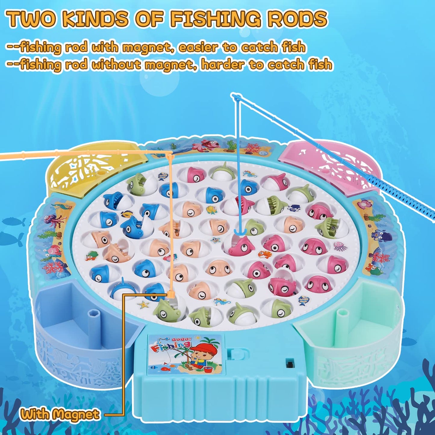 Pakoo Magnetic Fishing Game - Rotating Board Game with Music, 45 Fishes & 8 Poles, Colorful Fun for Kids Ages 3-7